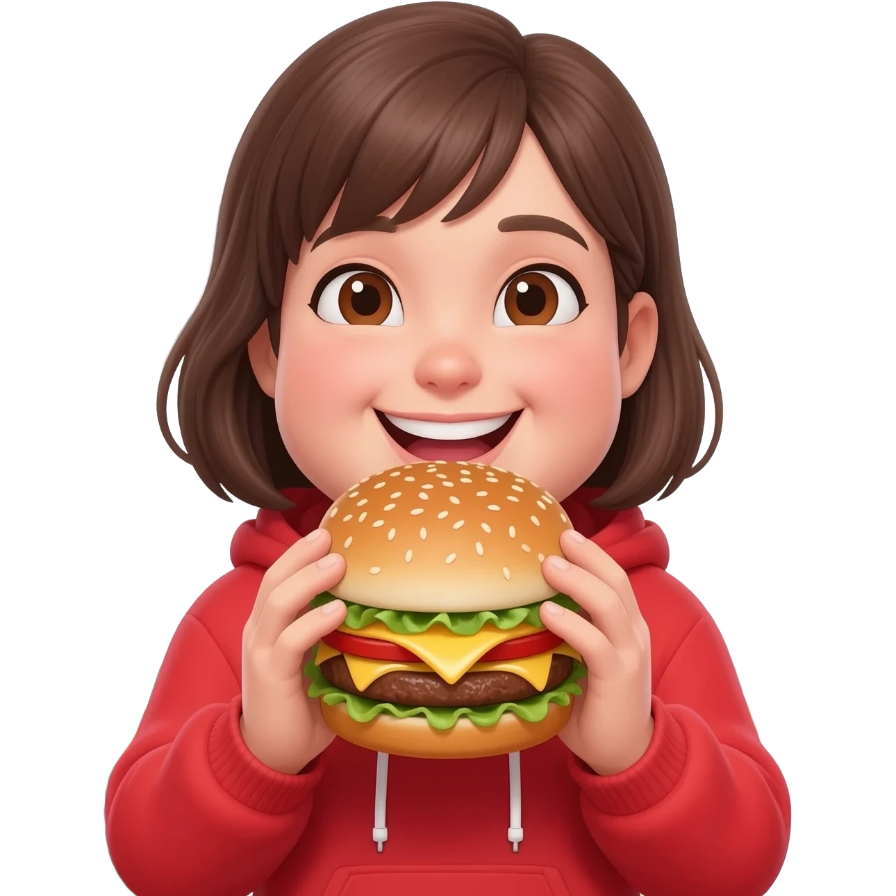 A girl eating burger and it has 2 chin emoji