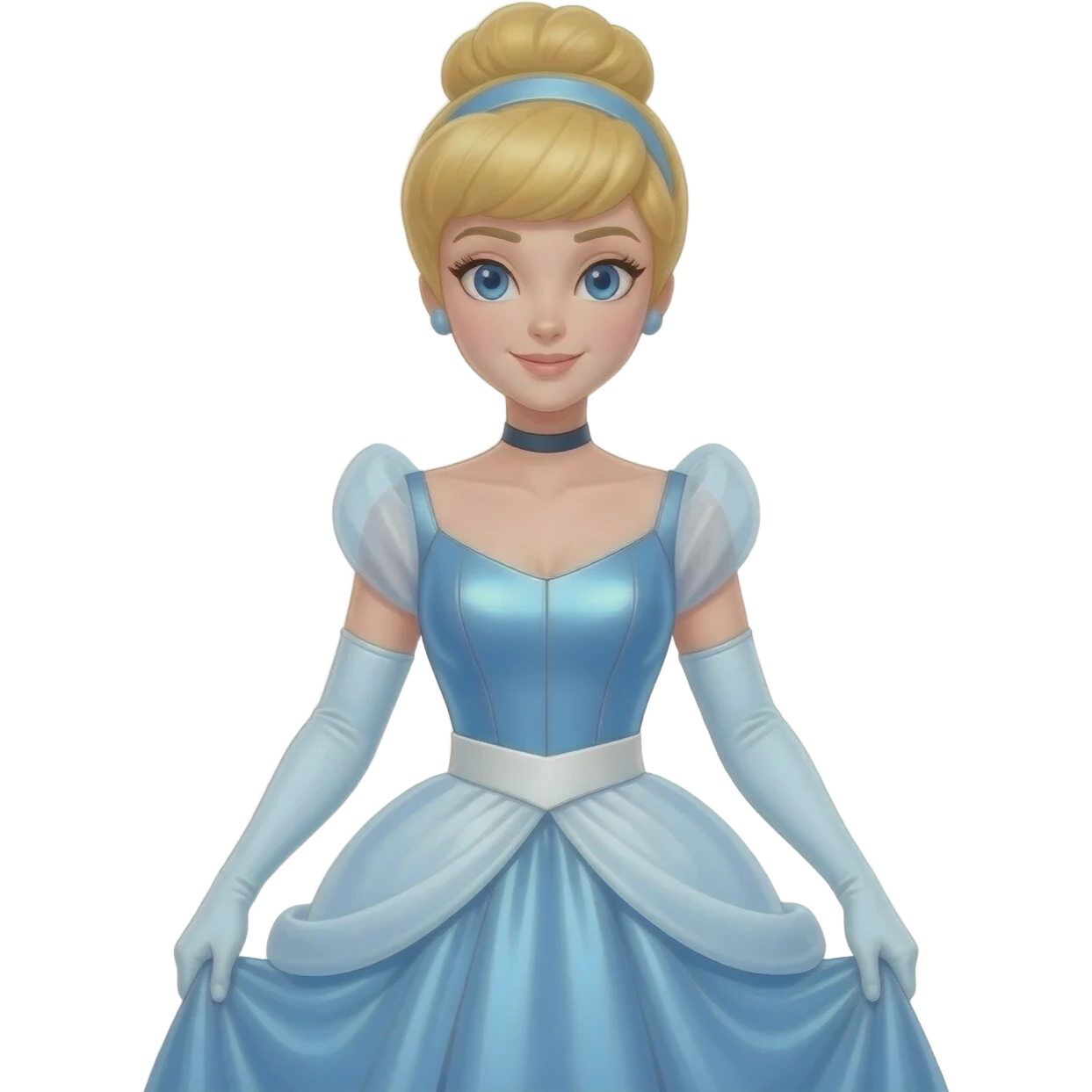 Cinderella from Disney Princess with blue eyes, blonde hair, light steel blue metallic illusion crop top, white obi belt, light steel blue metallic long skirt, white over elbow gloves emoji