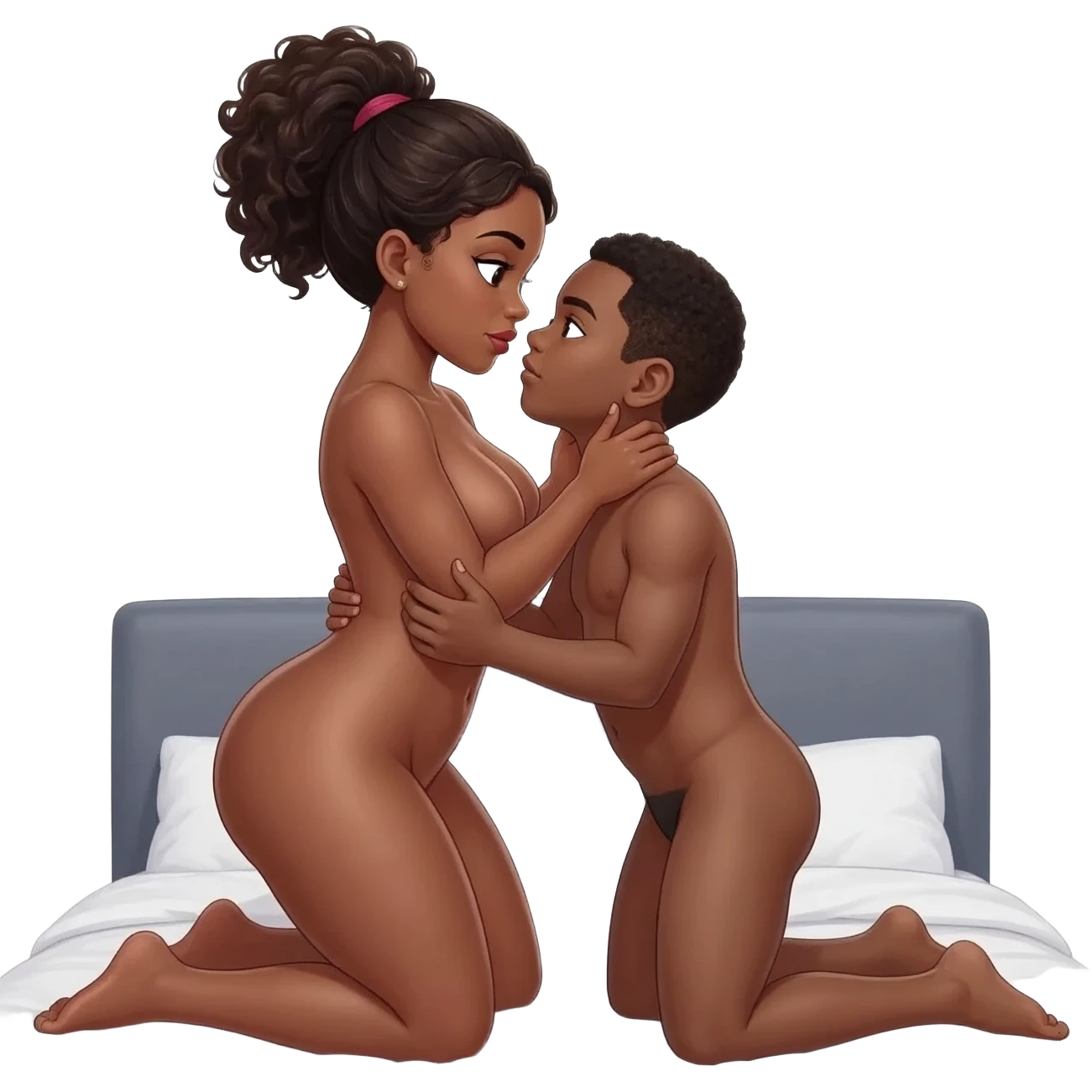 Very tall sexy african pedo girl with big massiv thighs and ass and massive boobs naked   beeing intimate sexual in bed with a small african young boy emoji