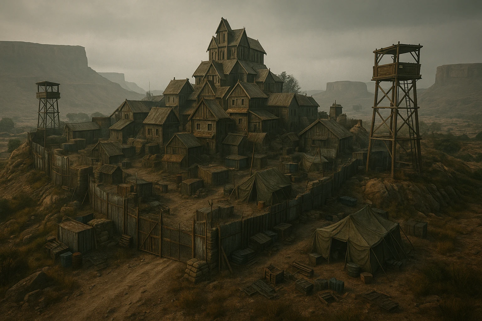 A small hilltop mesa city in the videogame dayz, screensot, based on whiterun but with modern DayZ architecture  emoji