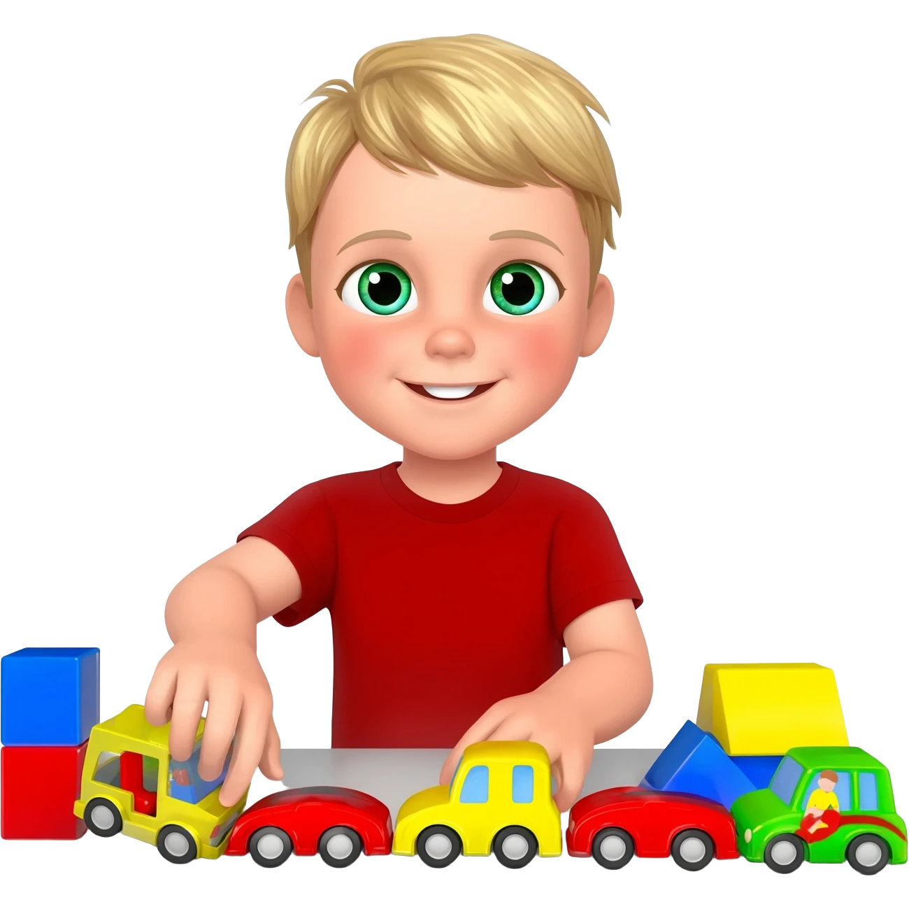 Use the same 3 year old blonde boy with green-blueish eyes as before  happy playing with toys emoji