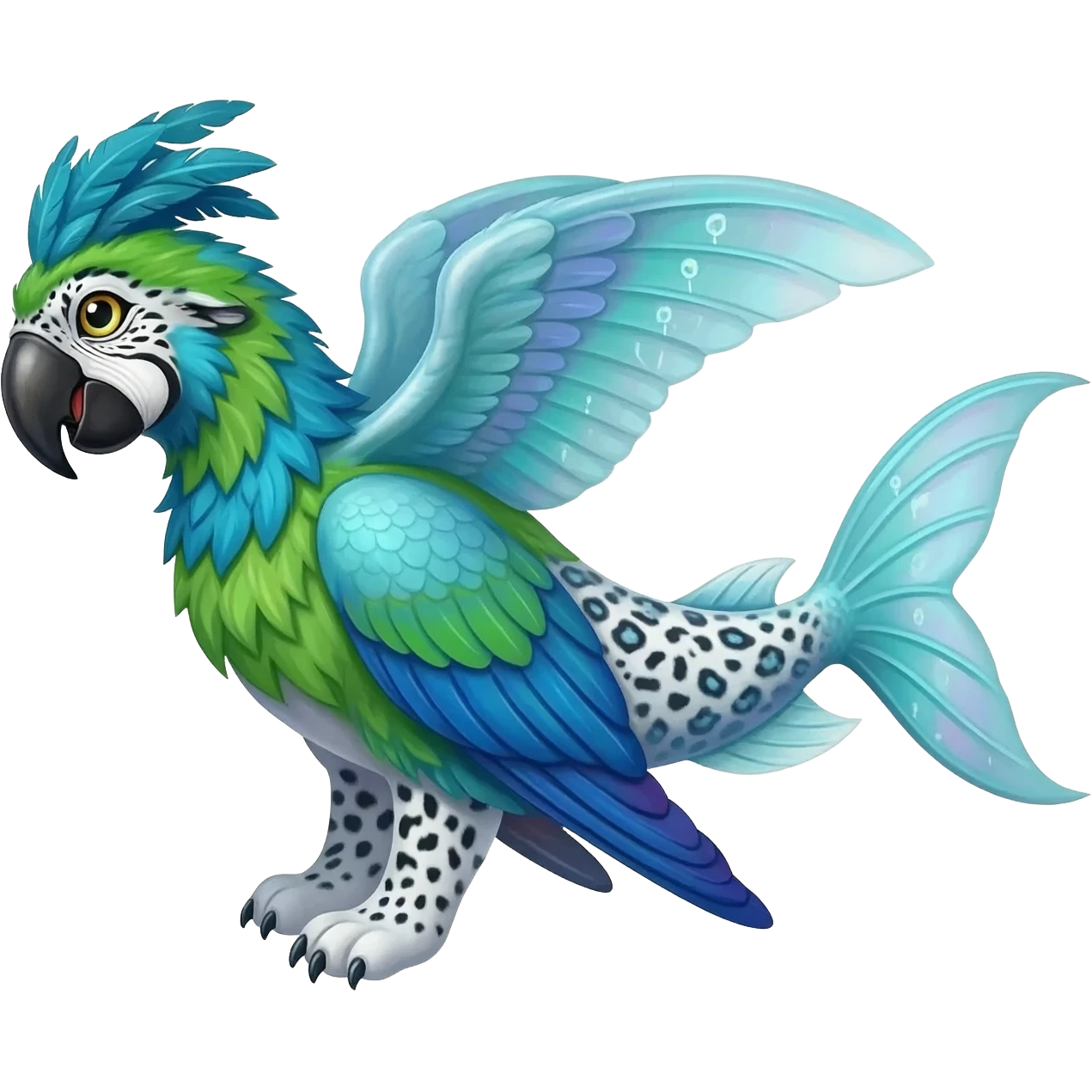 Snow-Leopard-Blue-Tang-Fish-Hyacinth-Macaw-fusion-hybrid-animal-creature, full body emoji