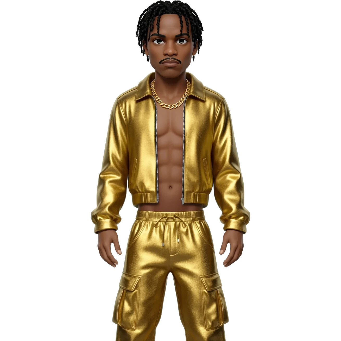 MC Hammer with black hair, gold metallic jacket, gold metallic baggy pants, shirtless with necklace emoji