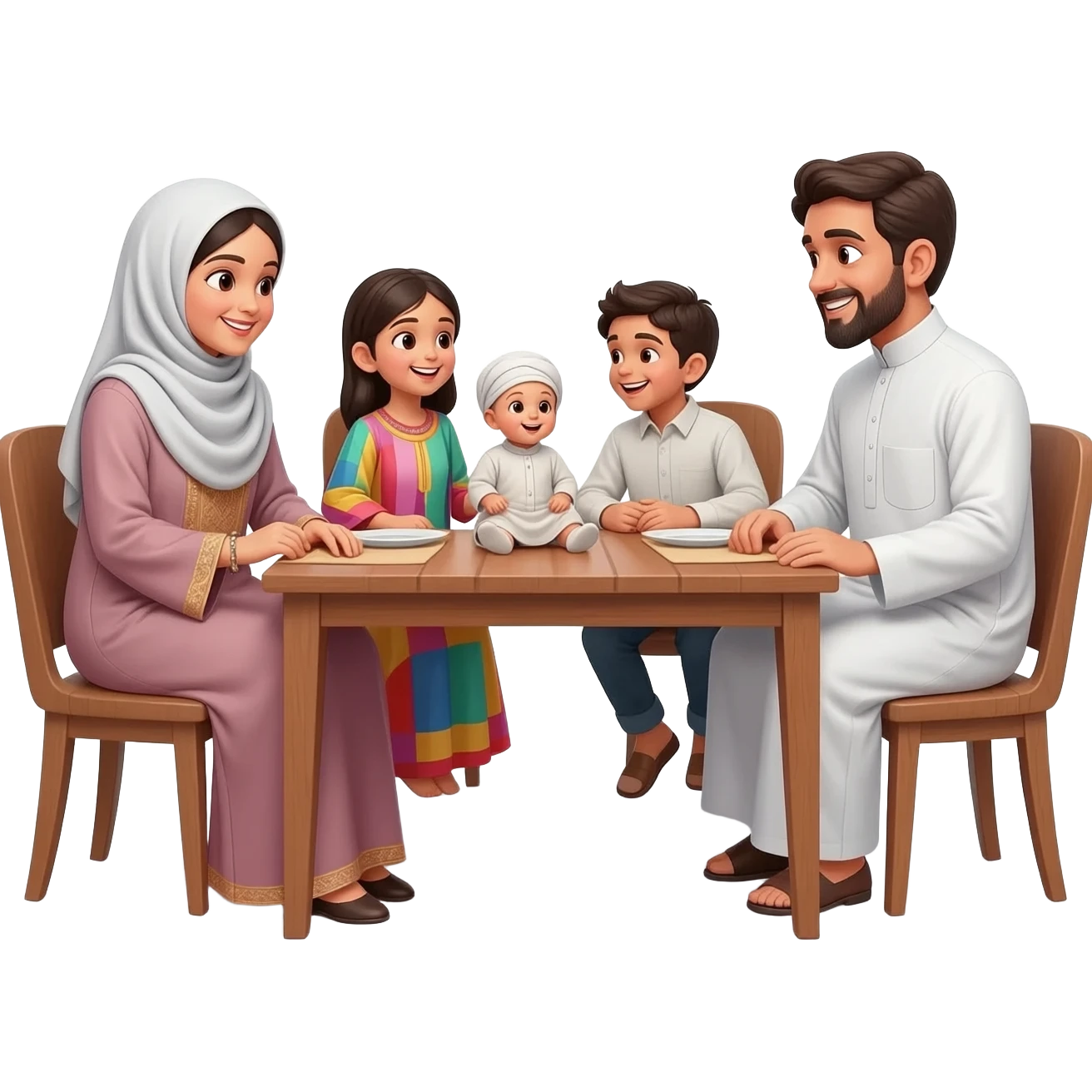happy family islamic clothing sitting on table talking; mother wearing hijab more kids emoji