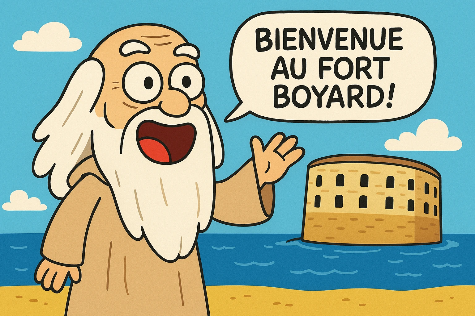 Père fouras  de fort boyard qui cri bienvenue au fort boyard // style enfantin dessin animé cartoons américain style gumball (  emoji