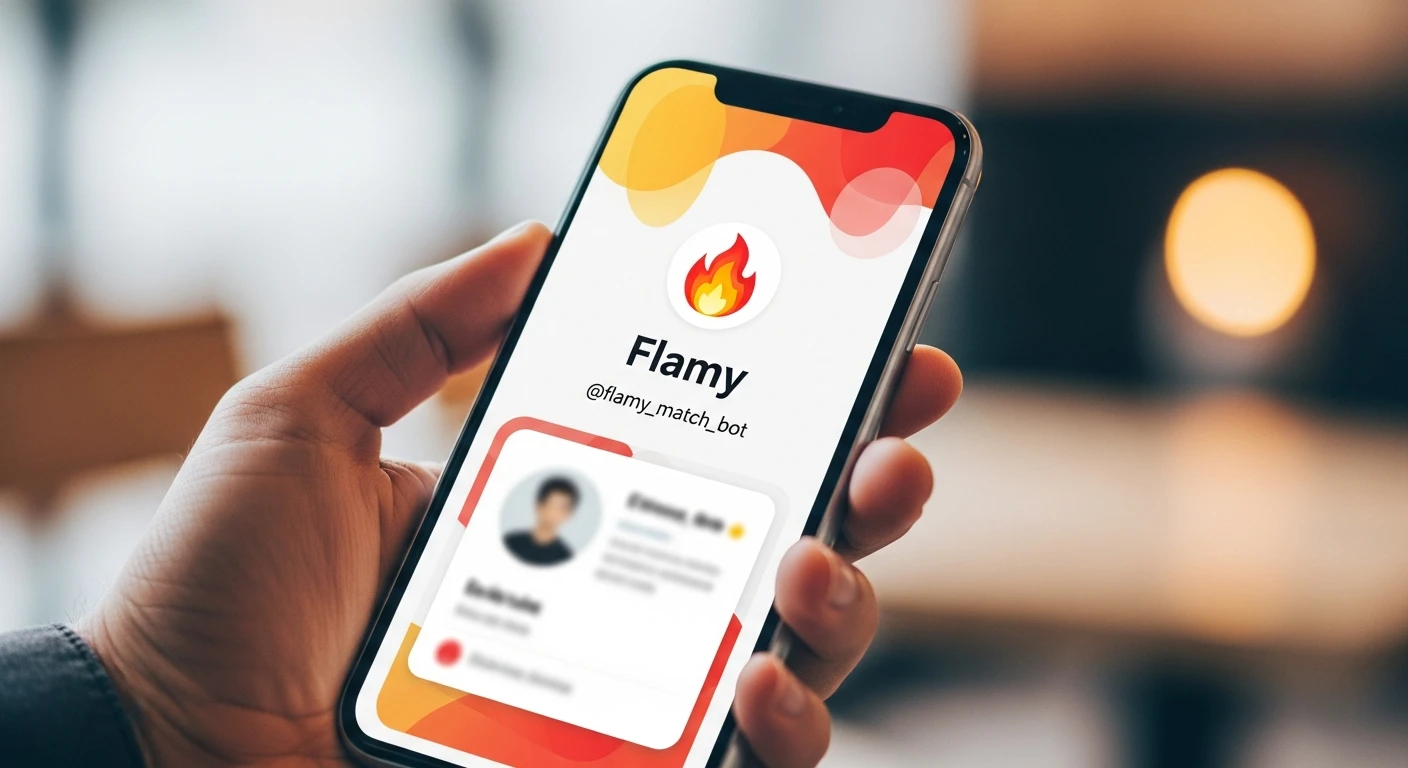 у меня в телеграм бот для знакомств - Flamy. Логотип бота - Emoji огонька. id бота в телегам - @flamy_match_bot. Мне нужно чтобы ты сгенерировал картинку для рекламного поста, чтобы рекламировать бота в других каналах. Сделай рекламу где показано как держат телефон на котором открыт Flamy. emoji