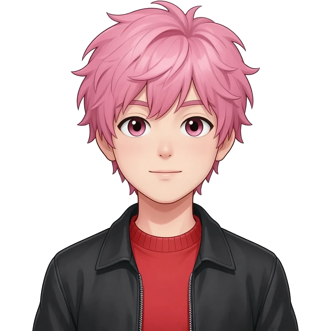 A Anime  boy teenager is messy  pink hair in where's a red sweater under a black jacket emoji