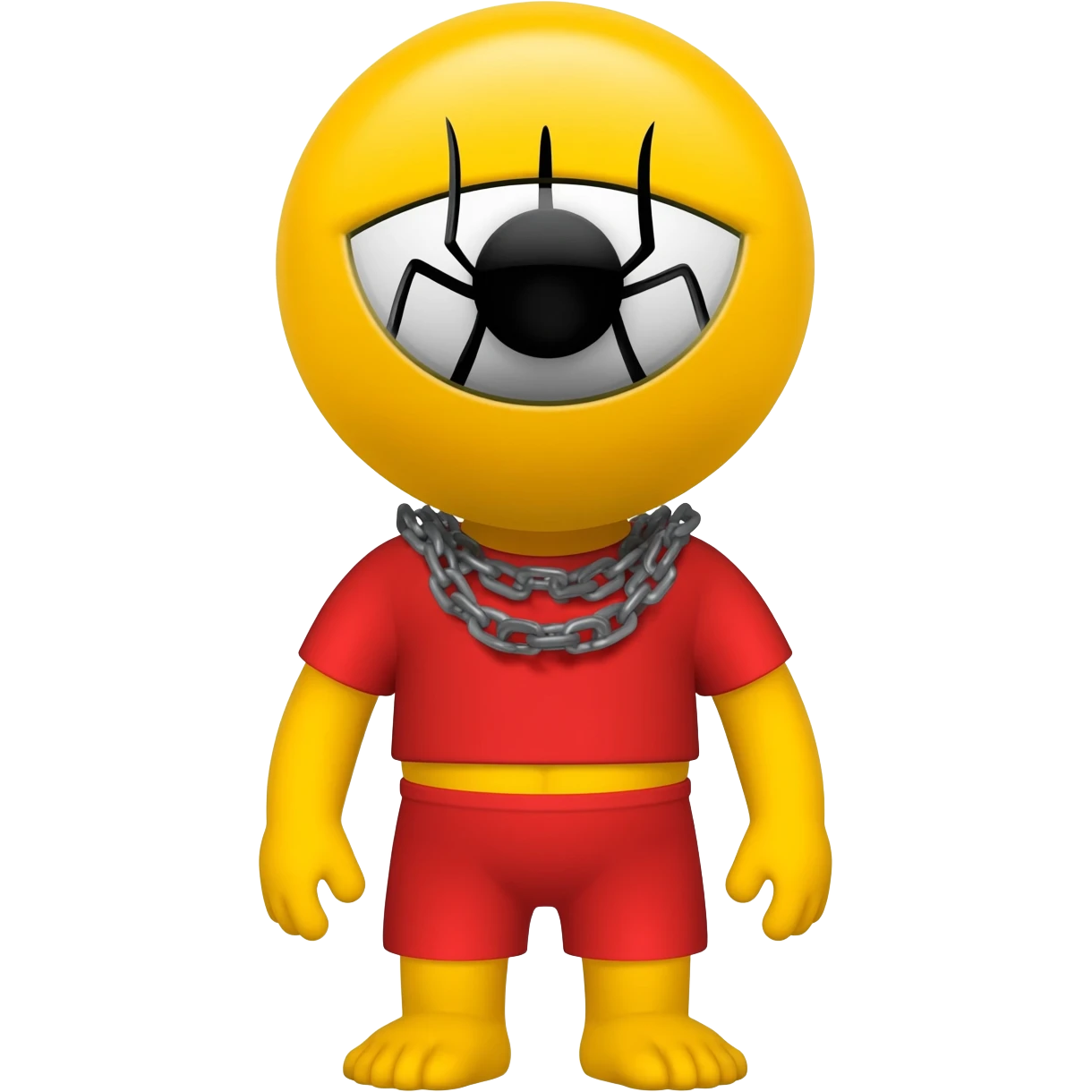 Make a yellow character with a black spider eye and a red top and shorts and a grey spider chain emoji