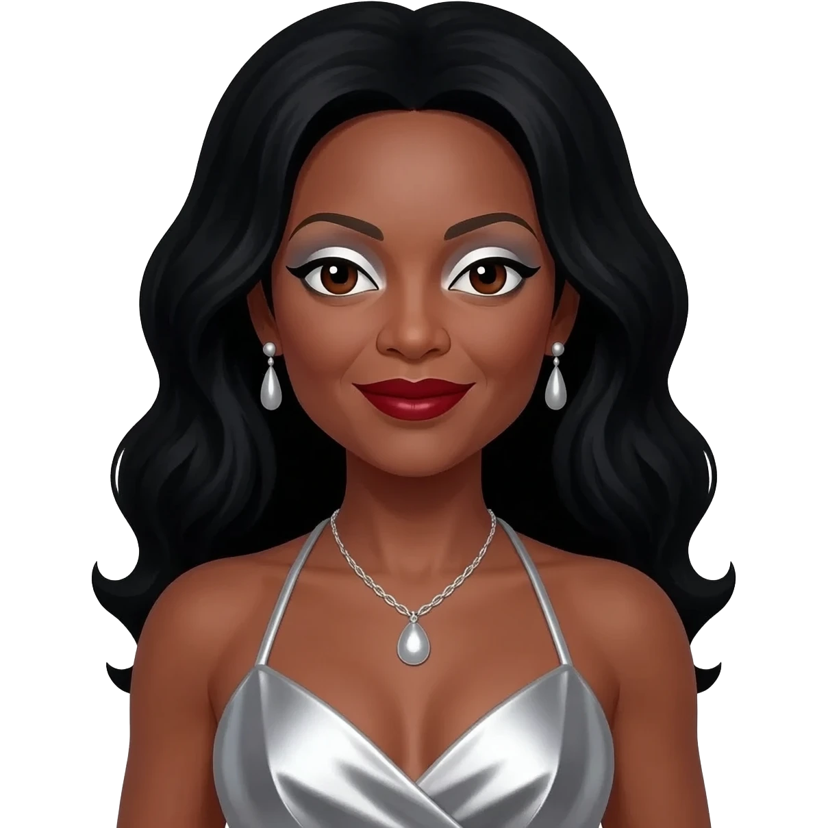 Diana Ross with dark brown eyes, long black hair, white eyeshadow, dark red lipstick, silver metallic halter dress, silver necklace and earrings emoji