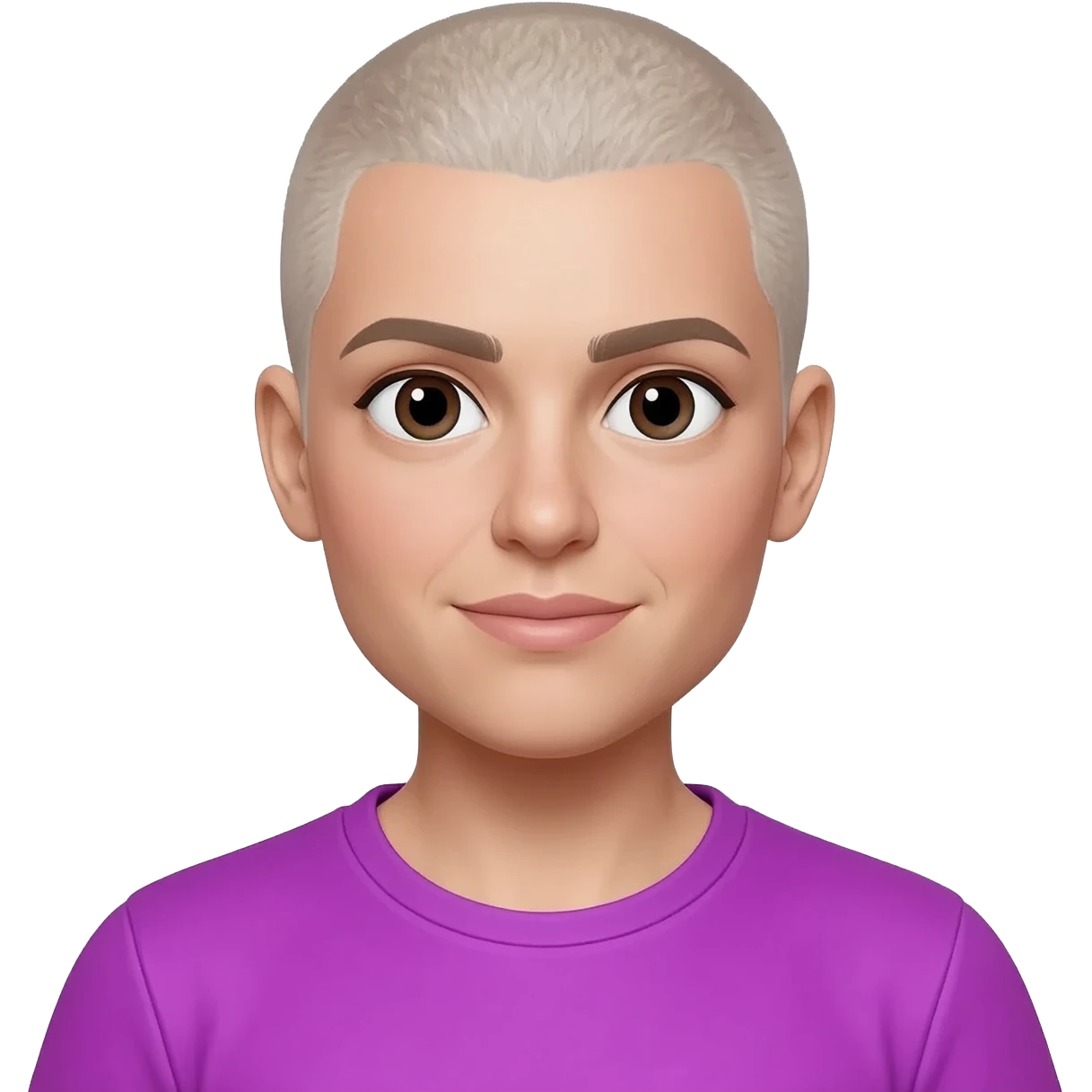 White, female, buzz haircut, purple shirt emoji