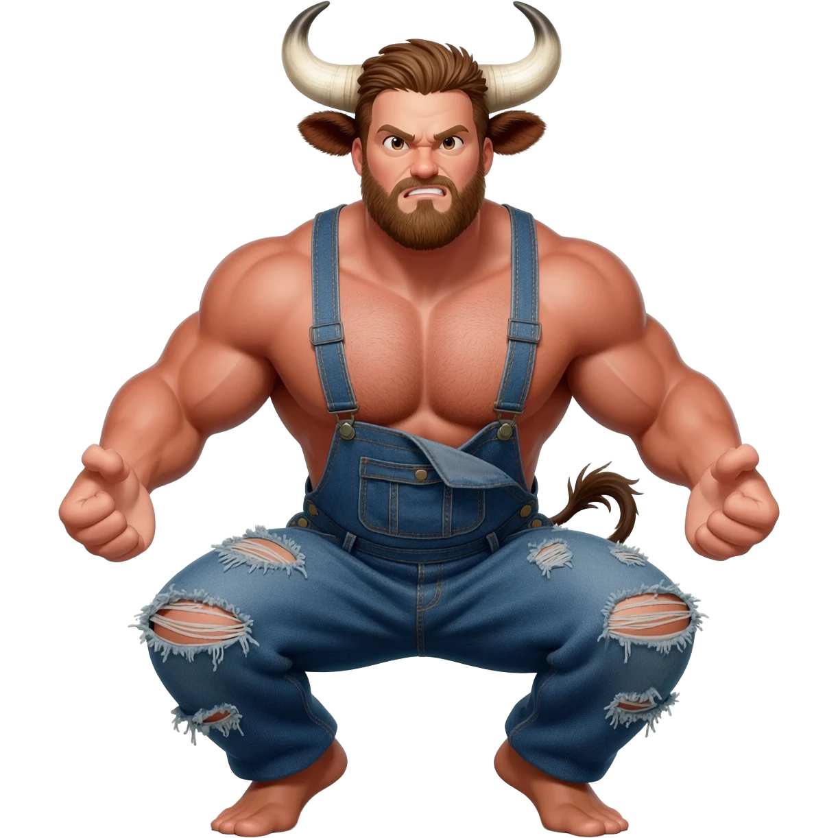 furious sunburnt country handsome hairy muscular man with large breasts with bull horns and cow ears and cow tail dressed in shabby ragged denim overalls squats legs vide open emoji