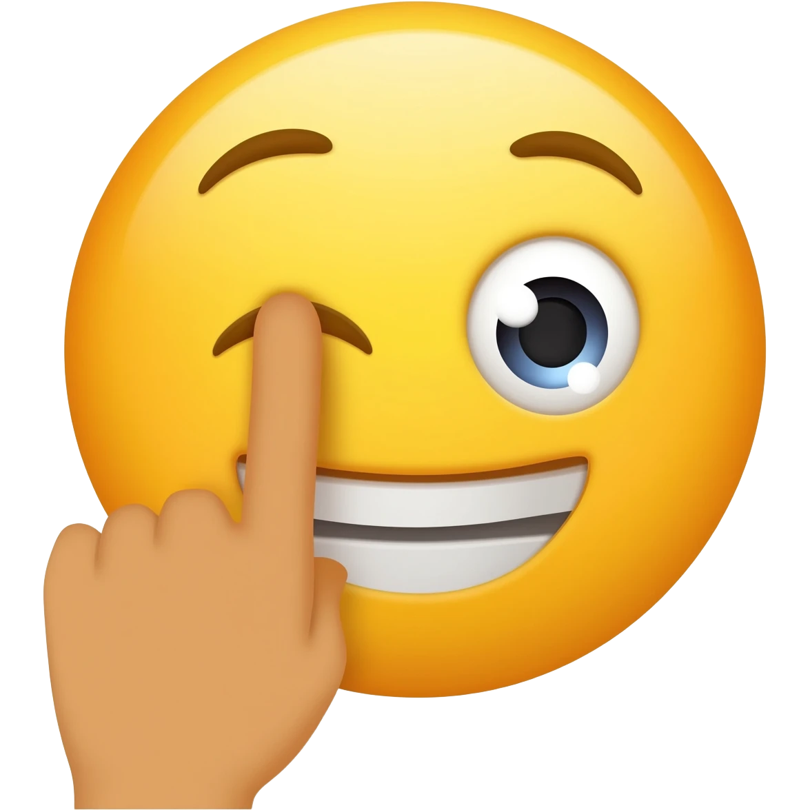 Classic iPhone emoji, blushed smile hitting a single finger with 1 eye open and one eye closed clearly flustered emoji