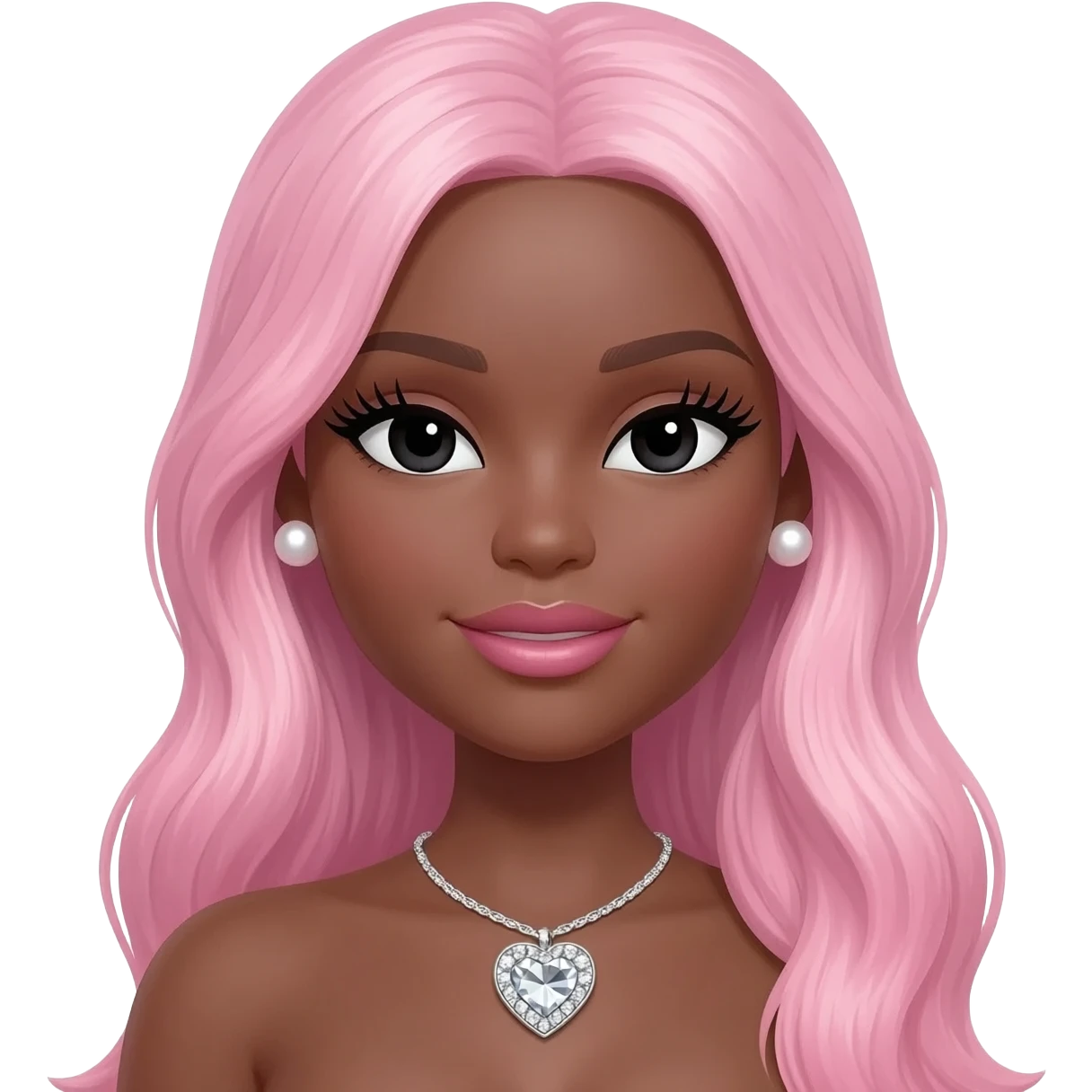 pearl earrings stud, Long giant lashes, Doll faced shaped,swarovski heart with Rhodium plated necklace, bimbo, black doll eyes, barbie, dark brown skin, with long pink hair, light pink, big breast emoji