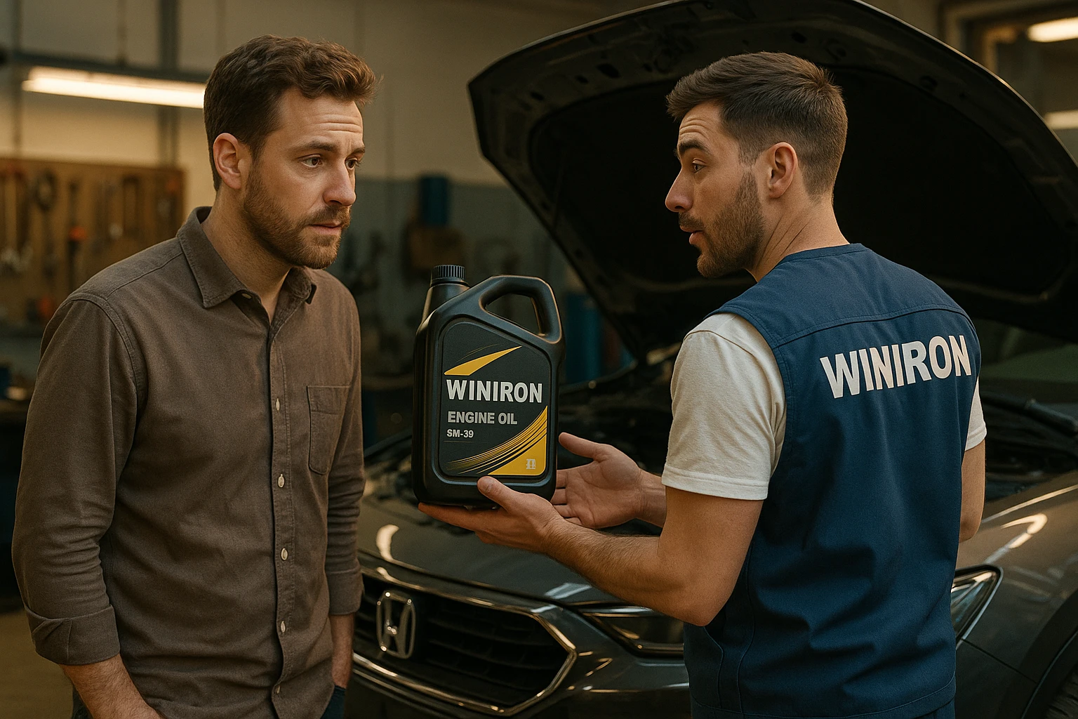 Create a realistic automotive workshop scene. Two men are standing next to a car with its hood open. One man is a customer listening attentively. The other man is a Winiron employee wearing a white T-shirt and a blue vest with a “WINIRON” logo on the back. The Winiron employee is holding and recommending a Winiron engine oil canister. Background shows a workshop interior with tools, soft warm lighting, realistic reflections on the car body. Cinematic, detailed, 8K hyper-realistic, professional commercial photography style. emoji