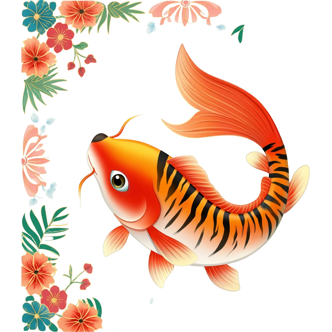Exotic Tropical Floral Swirl-Patterned Tribal Pretty Asian ornate painted Japanese aesthetic beautiful shiny pretty glossy smooth elegant Koi-Fish-Kitsune-Yokai-animal-creature with tiger stripes on it emoji