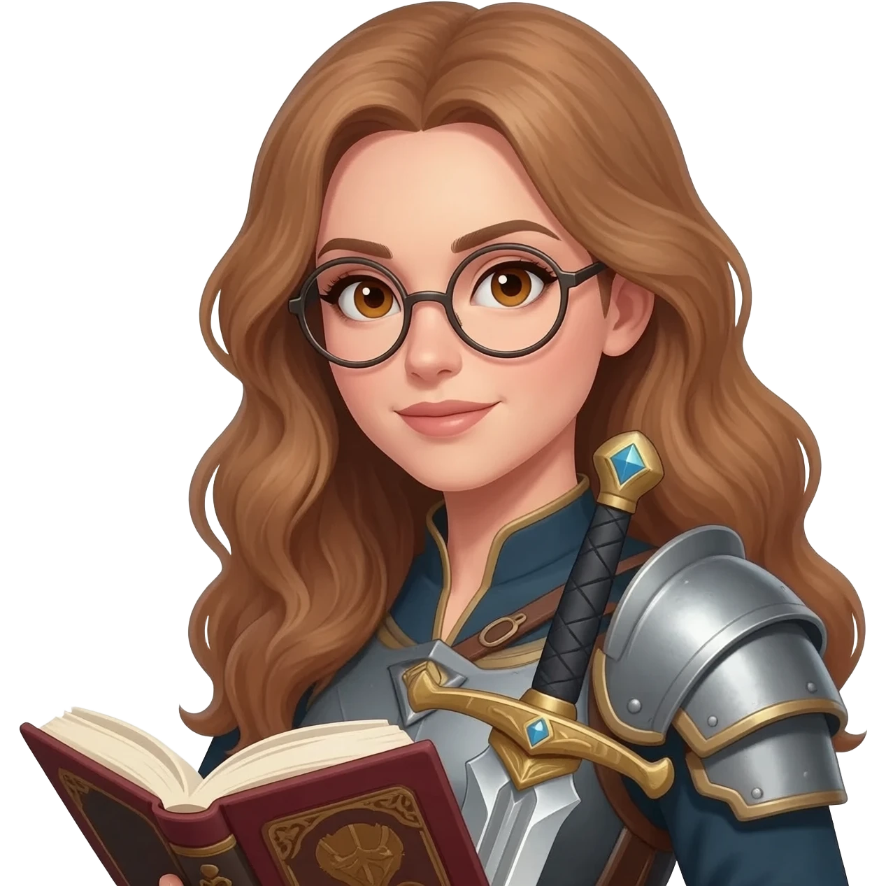 emoji style illustration of a woman with long light brown wavy hair, light brown eyes and round glasses holding an open book and a sword, fantasy reader warrior vibe, detailed emoji scene emoji