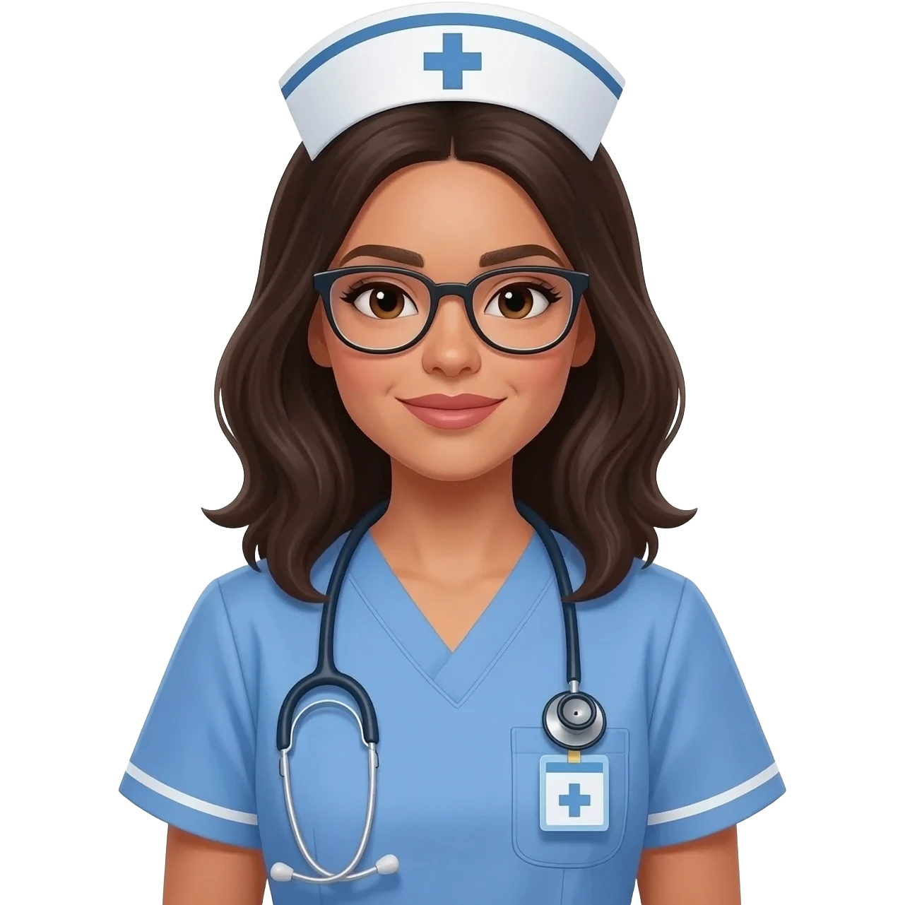 una mujer parecida a vanessa hudgens ordenada del área de la salud enfermera con lentes emoji