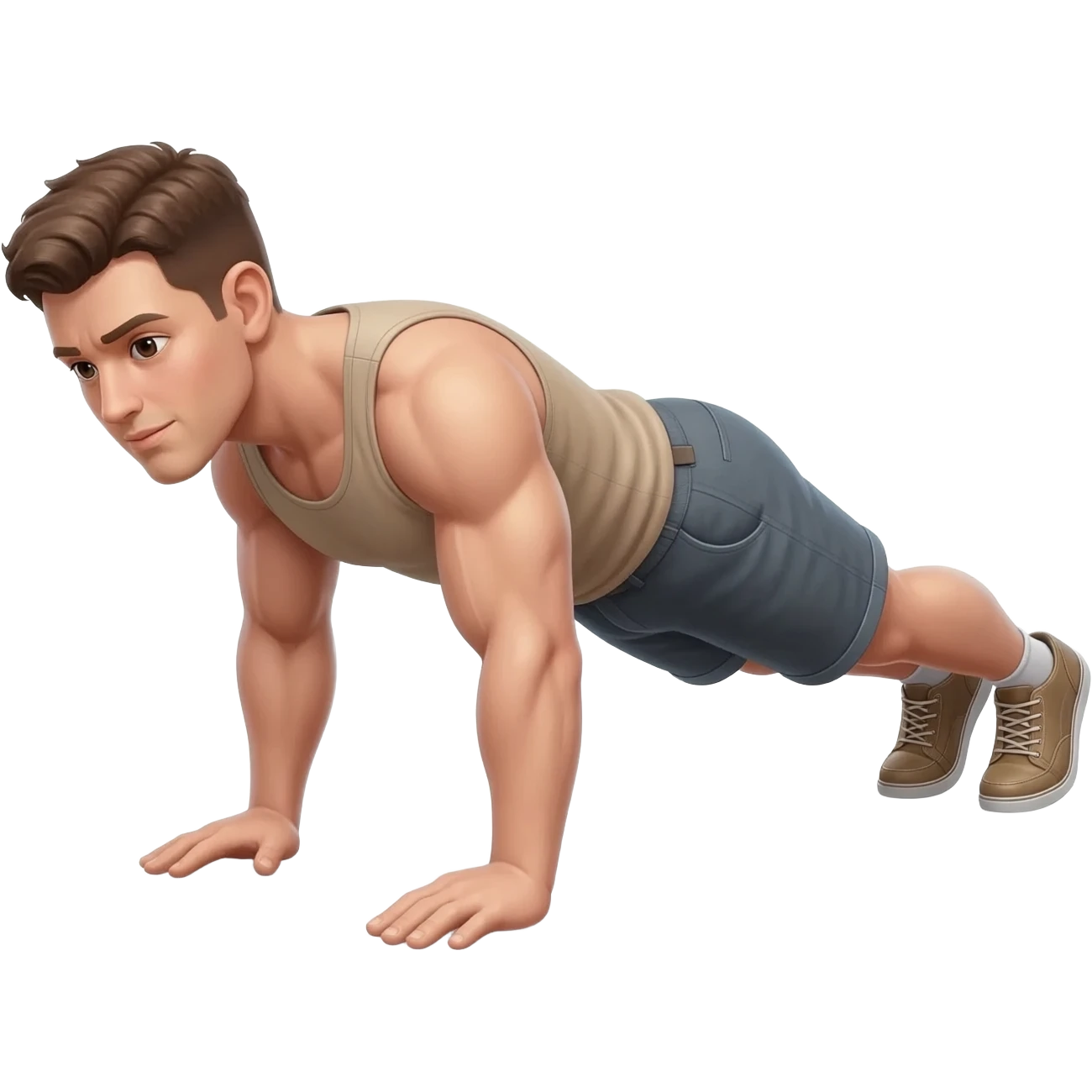 guy with light tan doing push up show his face but rest of body too so at a semi angle to see his side a bit too, solid muscle mass and shoes on. tank top on with shorts. Make sure hes 1/2 way dwon on the push up not in plank positon emoji