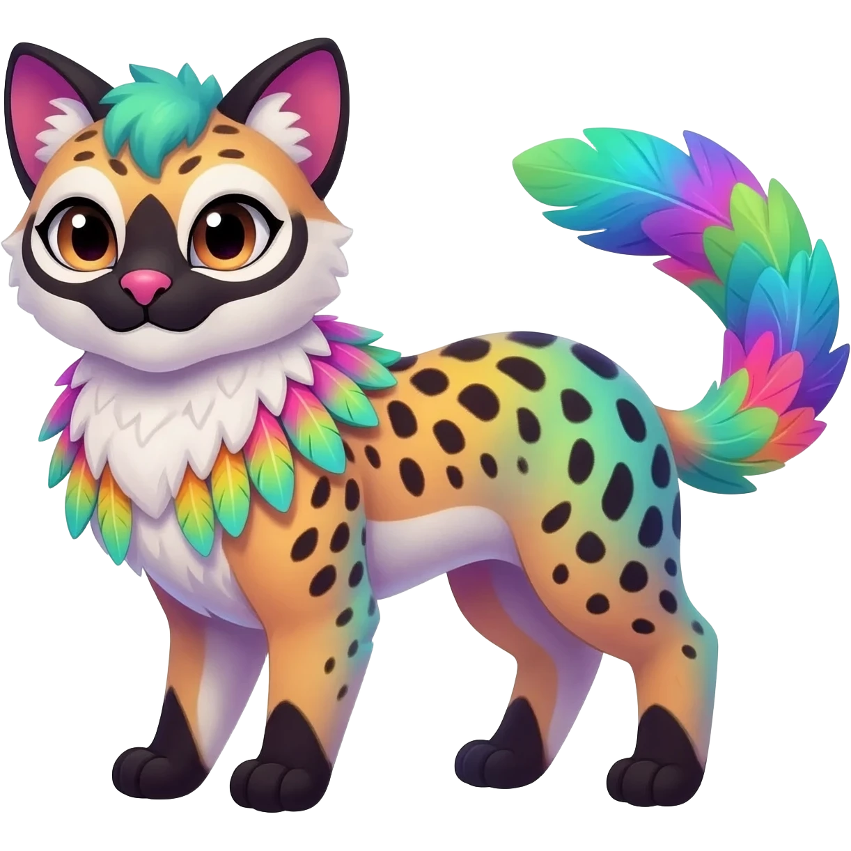 Colorful dark tropical feathery tribal pale light fruity pastel white glorious iridescent divine exotic cute cool beautiful beautiful fantasy-caracal-civet-genet-sergal-vernid-Gryphon-Cacomistle-Trico-oncilla-animal-Fakémon-hybrid-fursona (full body) emoji