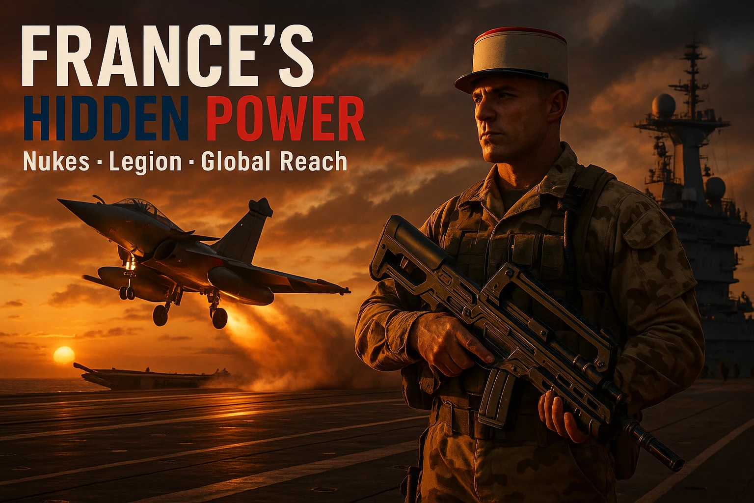 dramatic dusk scene of Rafale jet launching from Charles de Gaulle aircraft carrier with an orange sunset glow, foreground featuring a Foreign Legionnaire in desert camouflage holding a futuristic rifle, bold tricolor text 'FRANCE’S HIDDEN POWER', subtext 'Nukes • Legion • Global Reach', epic cinematic composition, ultra high detail, 8K emoji