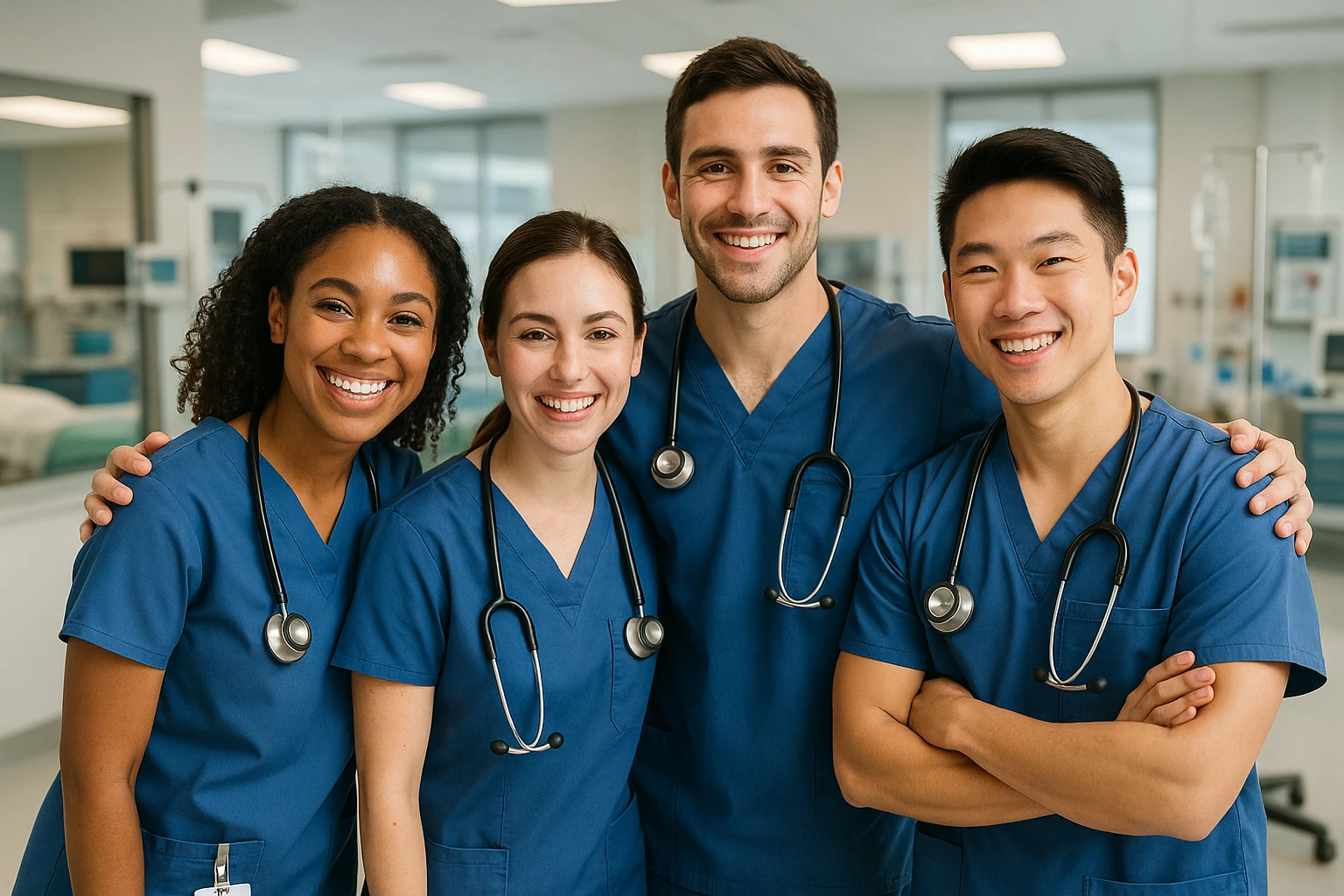 four nursing students, teamwork, diverse, scrubs, friendly, hospital setting, modern, clear, positive atmosphere emoji