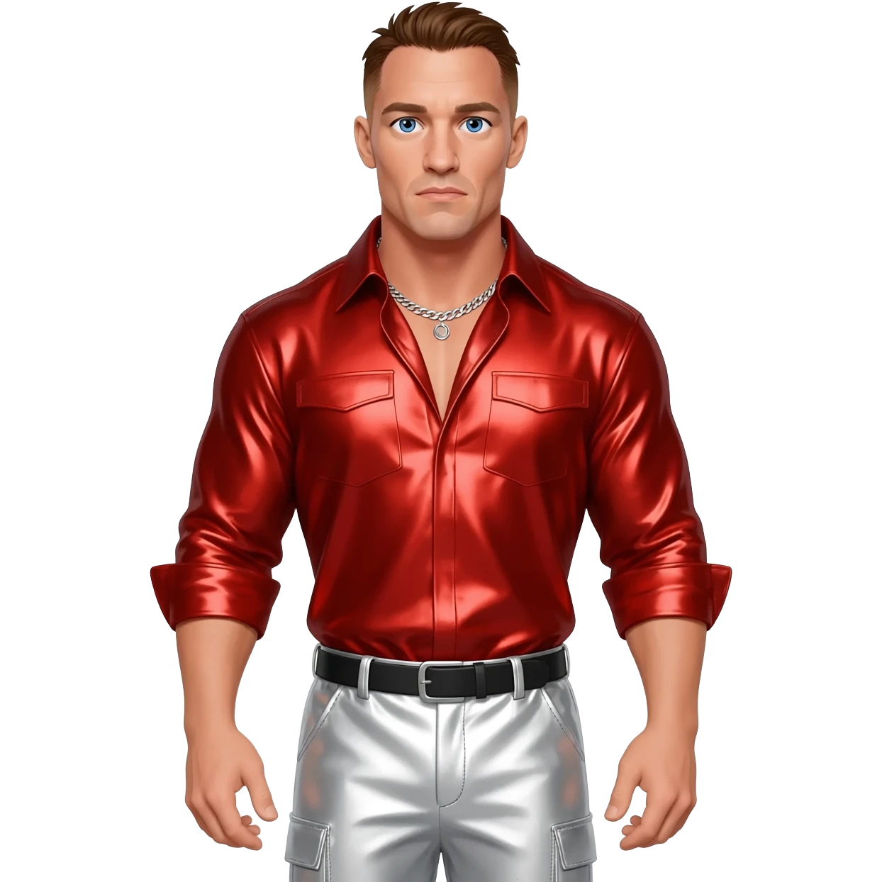 John Cena with blue eyes, brown hair, red metallic shirt, white metallic baggy pants, silver necklace emoji
