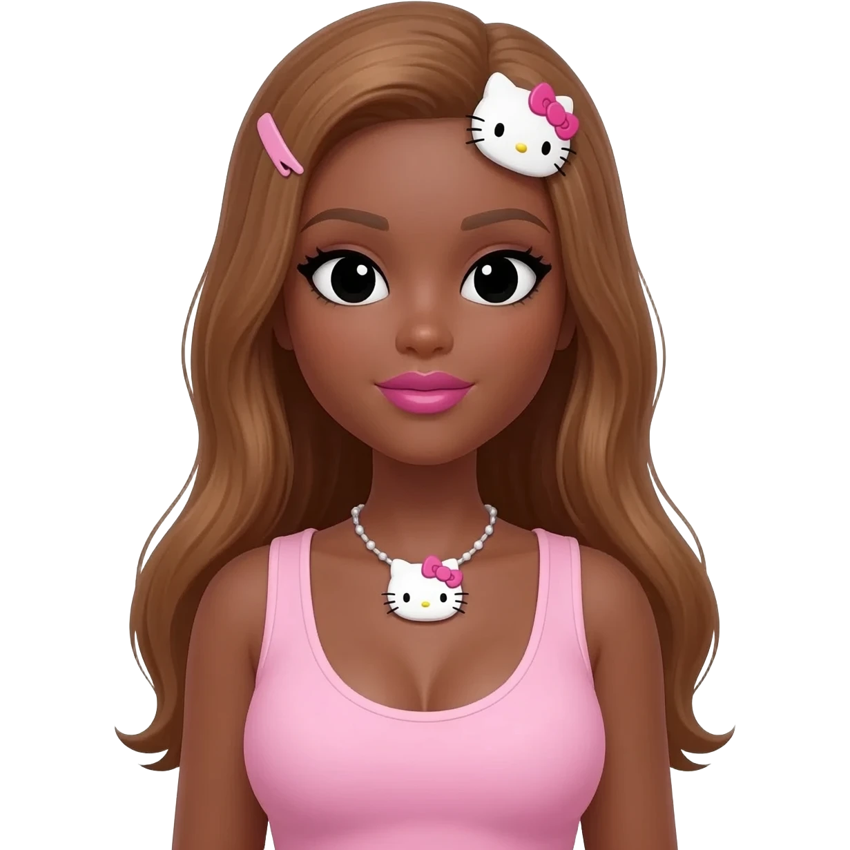 my melody hairclip, Doll faced shaped, hello kitty necklace, bimbo, black doll eyes, Big lips barbie, long dark brown skin with honey brown hair, light pink sleeveless shirt, big breast emoji