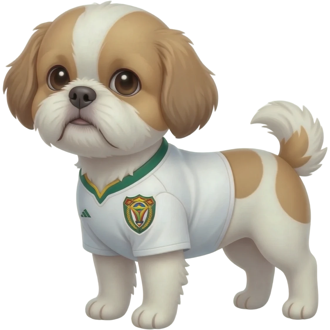 white and light brown shih zhu wearing a South Africa soccer jersey v neck 2026 work cup emoji