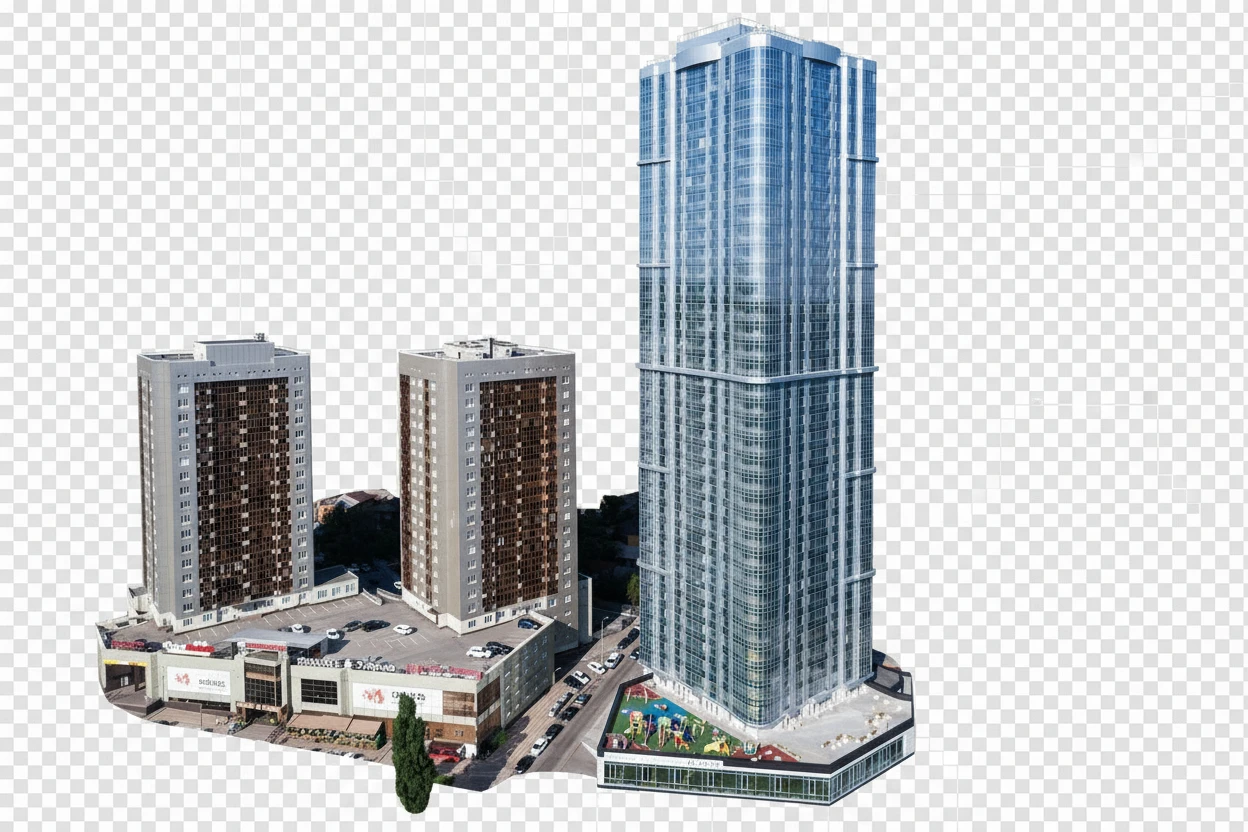 Изометричная, яркая, детализированная, объемная и фотореалистичная иллюстрация ЖК «Volga Sky» в Саратове. Чёткие контуры, не размазанные линии, высокое качество, прозрачный фон, не обрезать края картинки emoji