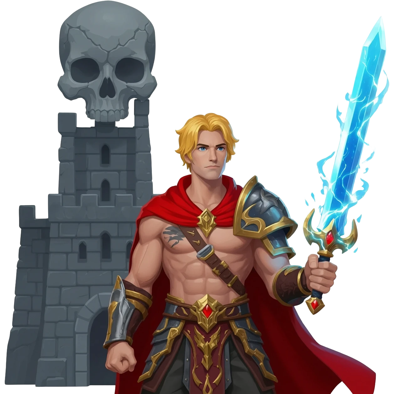 He-man in red cape holding up sword with power color shooting from sword towards sky in front of a large skull shaped gray castle emoji