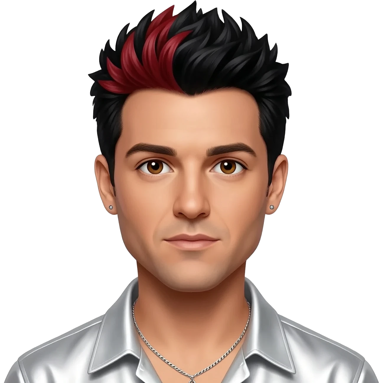 AJ McLean from Backstreet Boys with brown eyes, black hair with red highlights, white metallic shirt silver necklace with short earrings emoji
