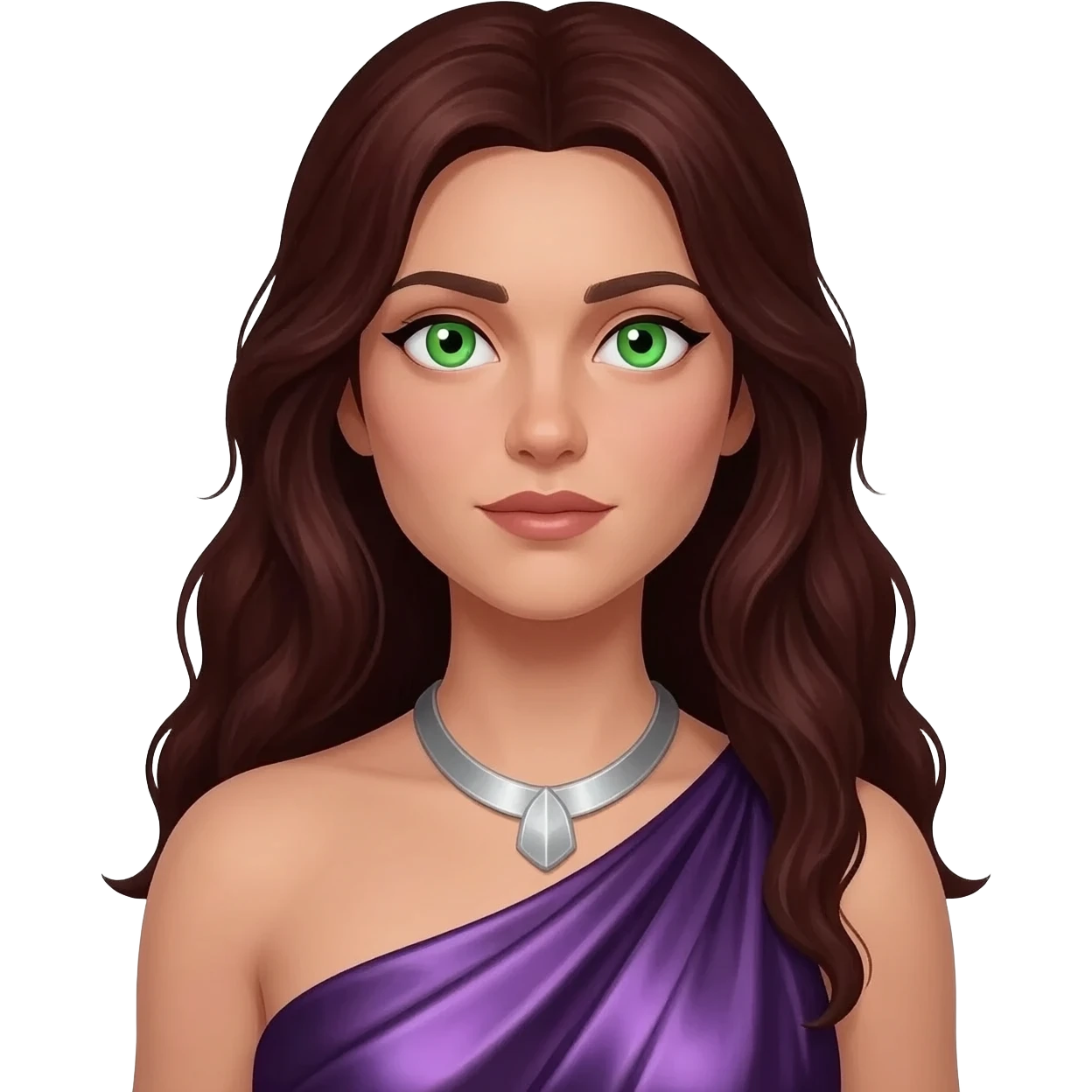 Persephone from Greek Mythology with green eyes, long dark auburn hair, deep purple metallic coal dress, silver necklace emoji