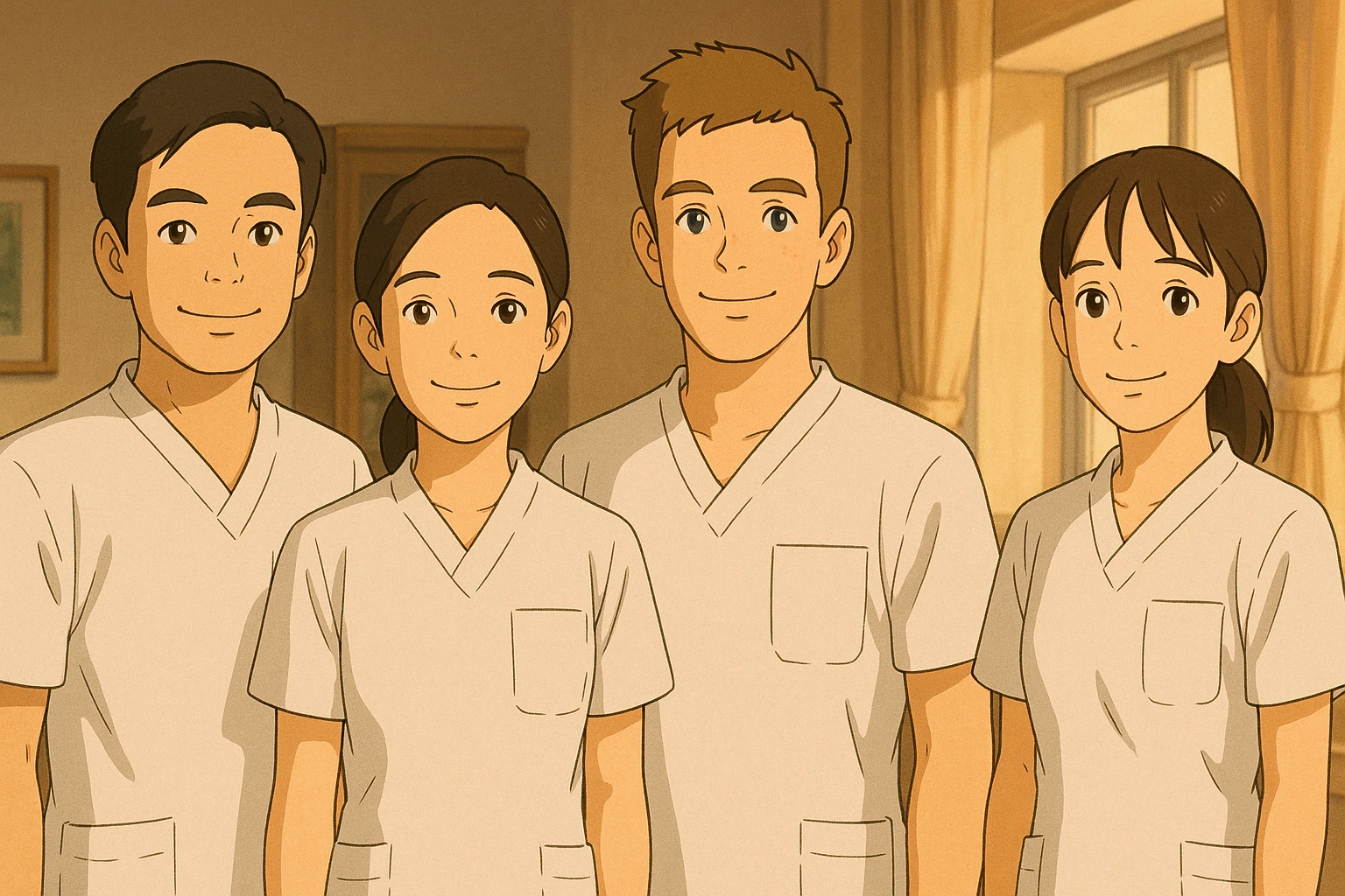 Four nursing students standing side by side, inspired by four referenced faces, wearing white short-sleeve uniforms without collars, no undershirts or stethoscopes. Medical tunic tops with V-neck and left chest pocket. Warm indoor ambiance, Ghibli style. emoji