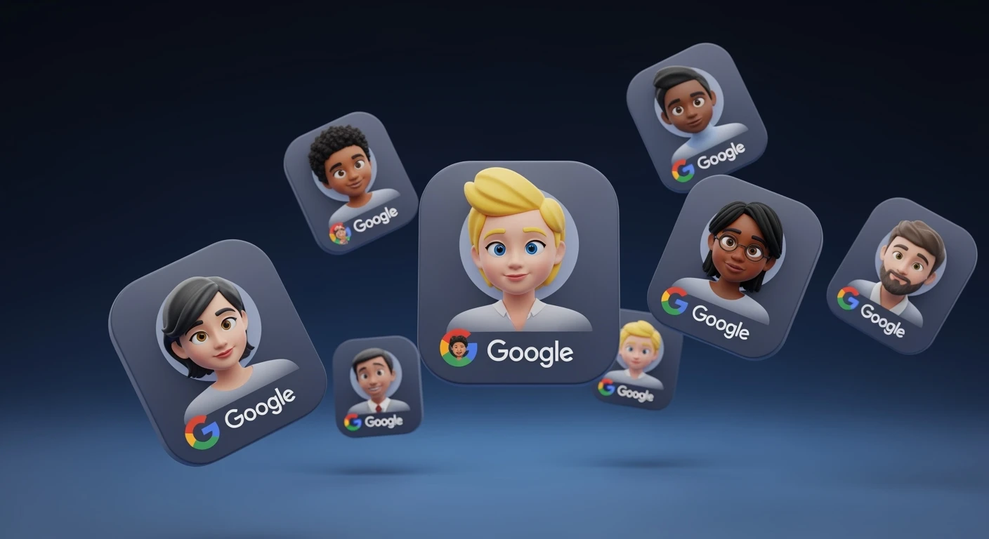 Graphic of a flying aroundg google profiles with 3d disney style faces of people (Gradient black and blue background) emoji