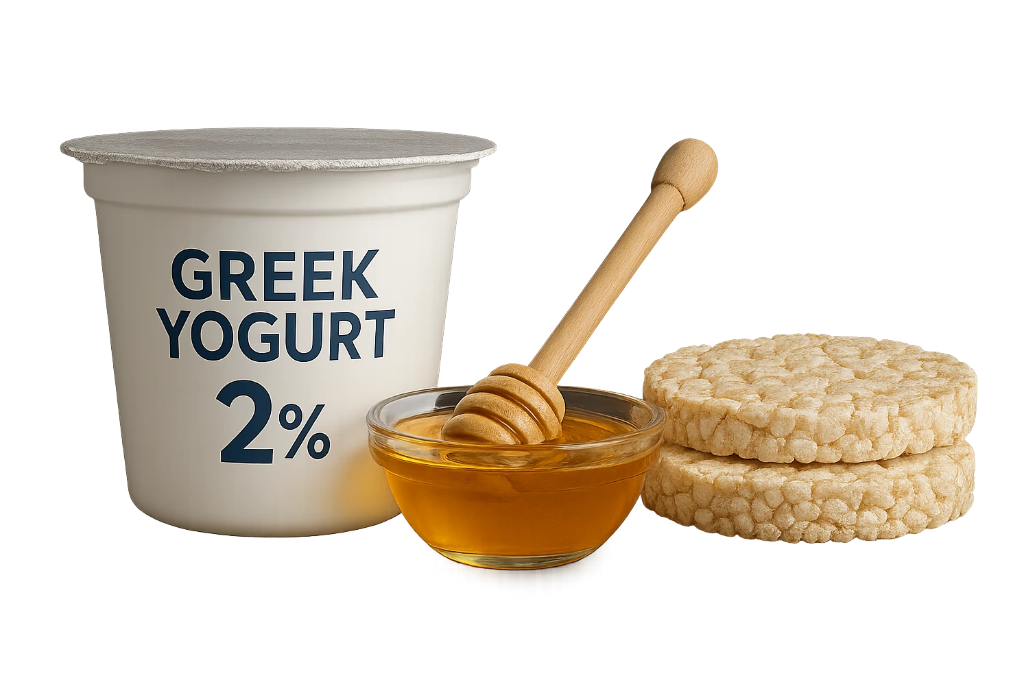 Yogurt Greco 2%
Miele
Gallette di Riso
vista frontale, iperrealistico 4k emoji