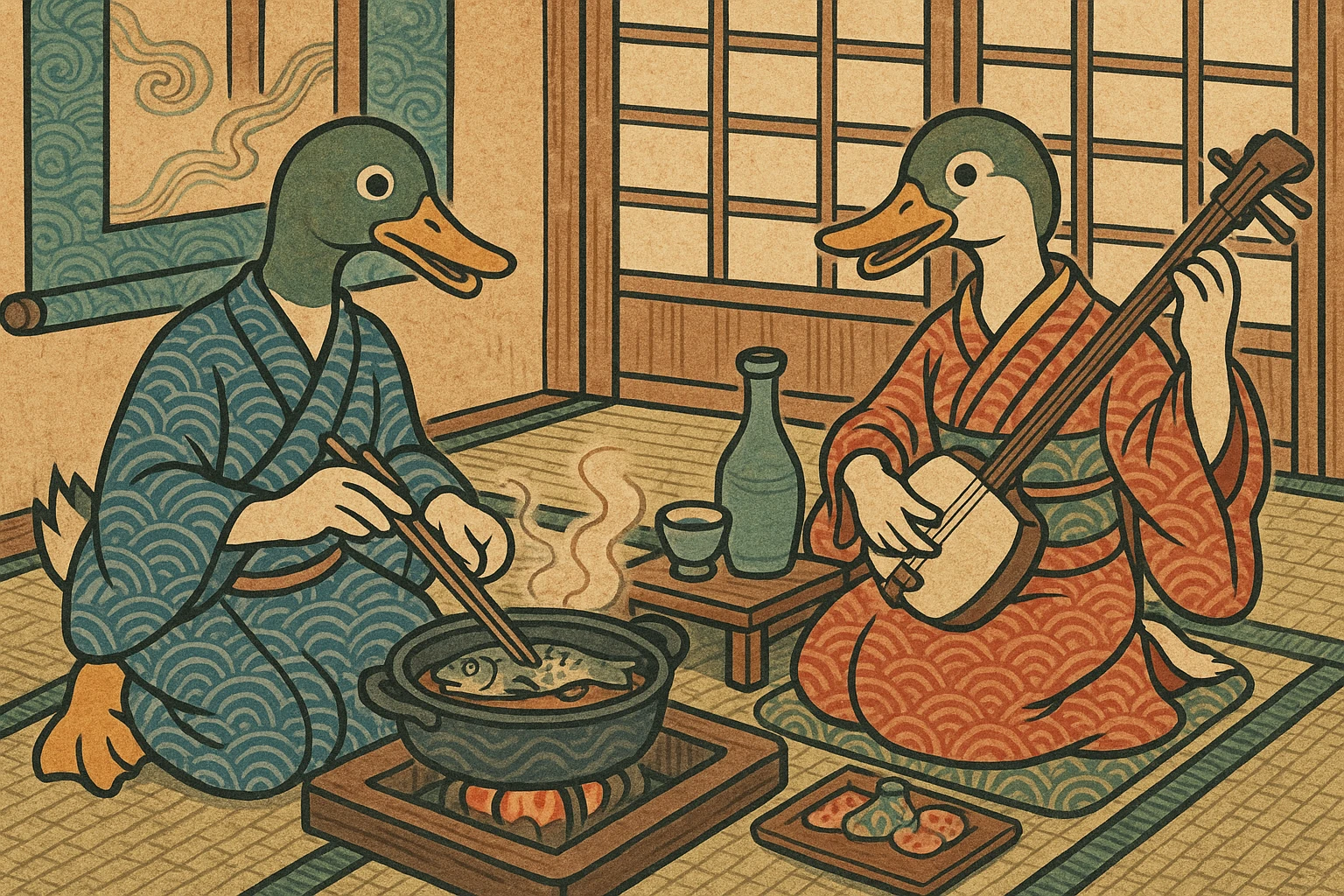 Utagawa Kuniyoshi inspired scene of a male and female duck cooking, drinking wine, and listening to music in a traditional Japanese setting, vibrant, detailed, lively, ukiyo-e style, 4:3 aspect ratio emoji