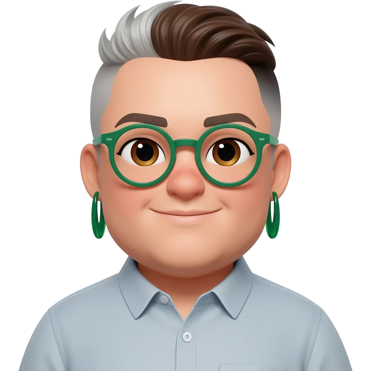 fat queer gender expansive lightskinned person with a double chin and a rounded square face shape assigned female at birth with short brown and silver mullet and green round glasses with almond shaped deep set brown eyes and a slight smile with bold dangly earrings and a button down shirt emoji