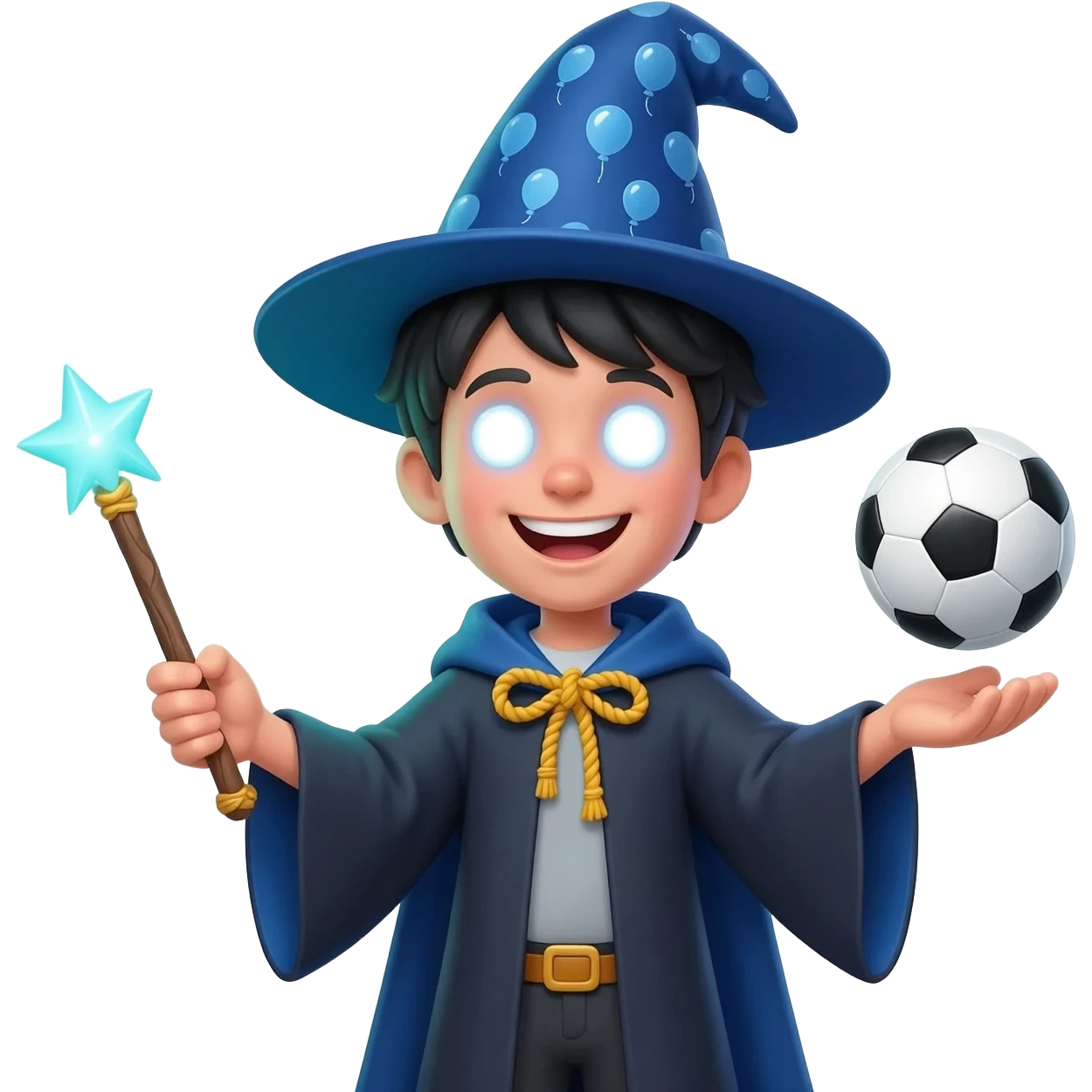 a young, without beard, black-haired (but a white skin) wizard with a blue hat with a balloon drawn in front of the eyes holding a illuminated wand in one hand and a floating soccer ball in the other. He has a big smile and two white glowers. the cloak is tied with a yellow rope emoji