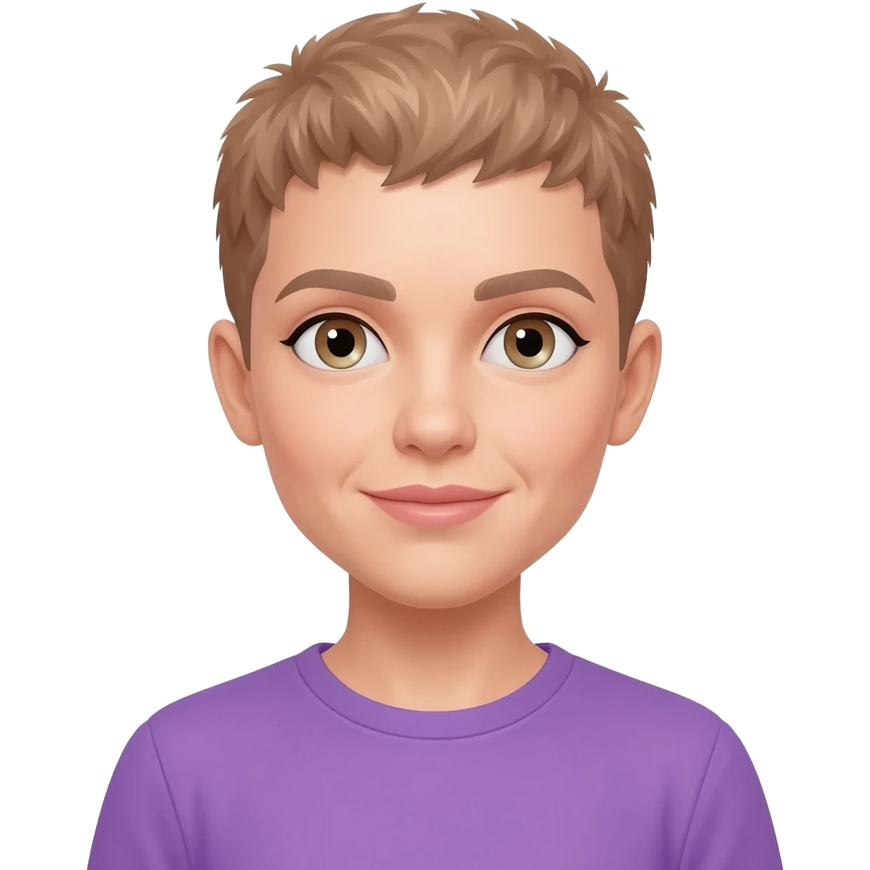 White skin ,  female, lbrown buzzcut, purple shirt, light eyes emoji