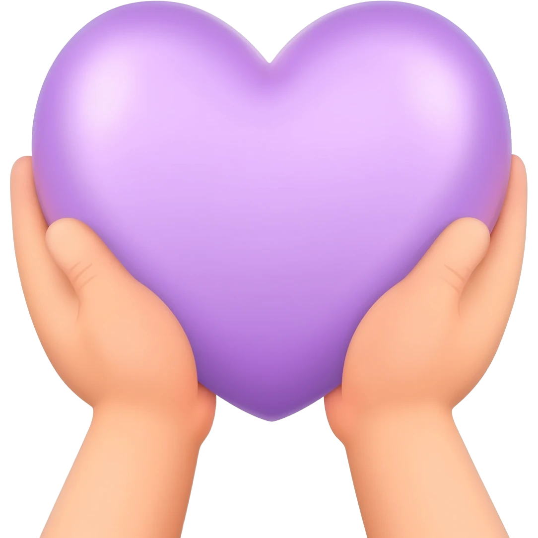 Emoji style, two soft rounded hands holding a delicate pastel violet satin heart, coquette aesthetic, glossy finish, clean background, Apple iOS style. emoji