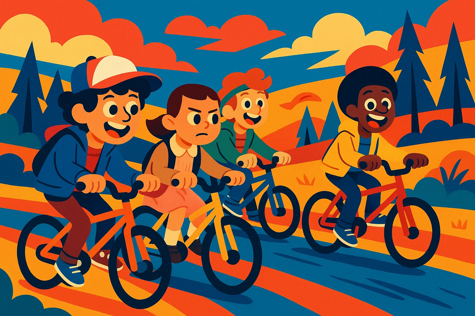 Group of friends inspired by Stranger Things riding bikes together with a sense of adventure, vibrant toon style emoji