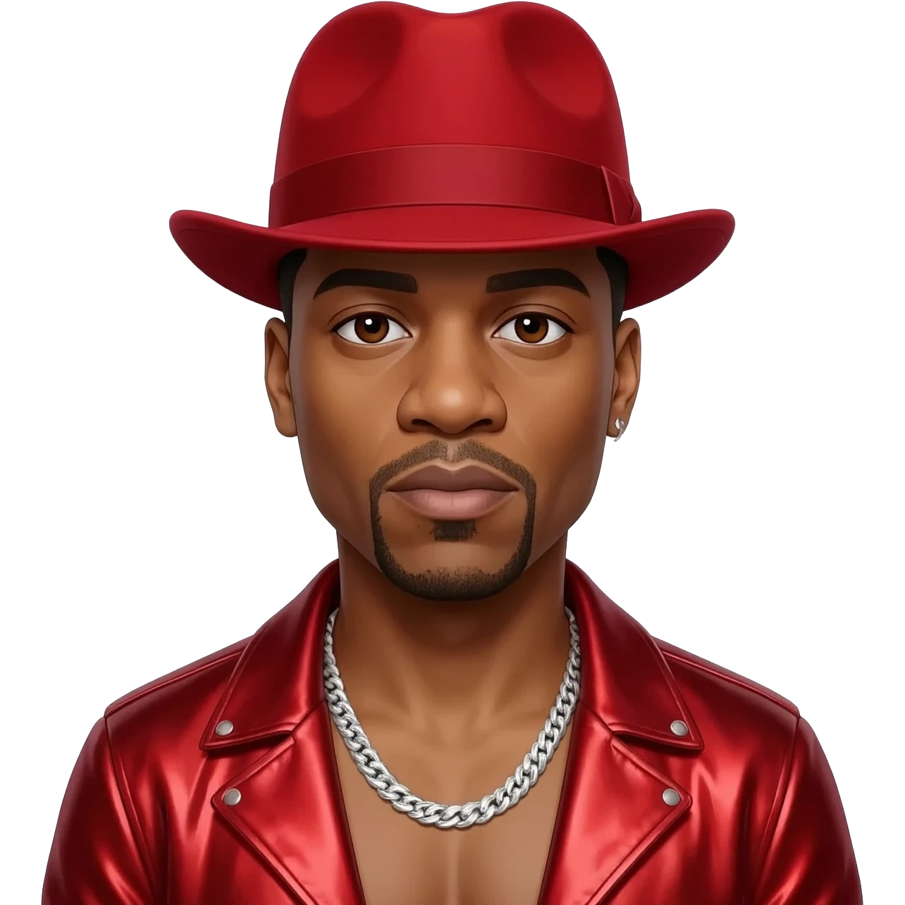 LL Cool J with dark brown eyes, red hat, red metallic jacket, shirtless with silver necklace emoji