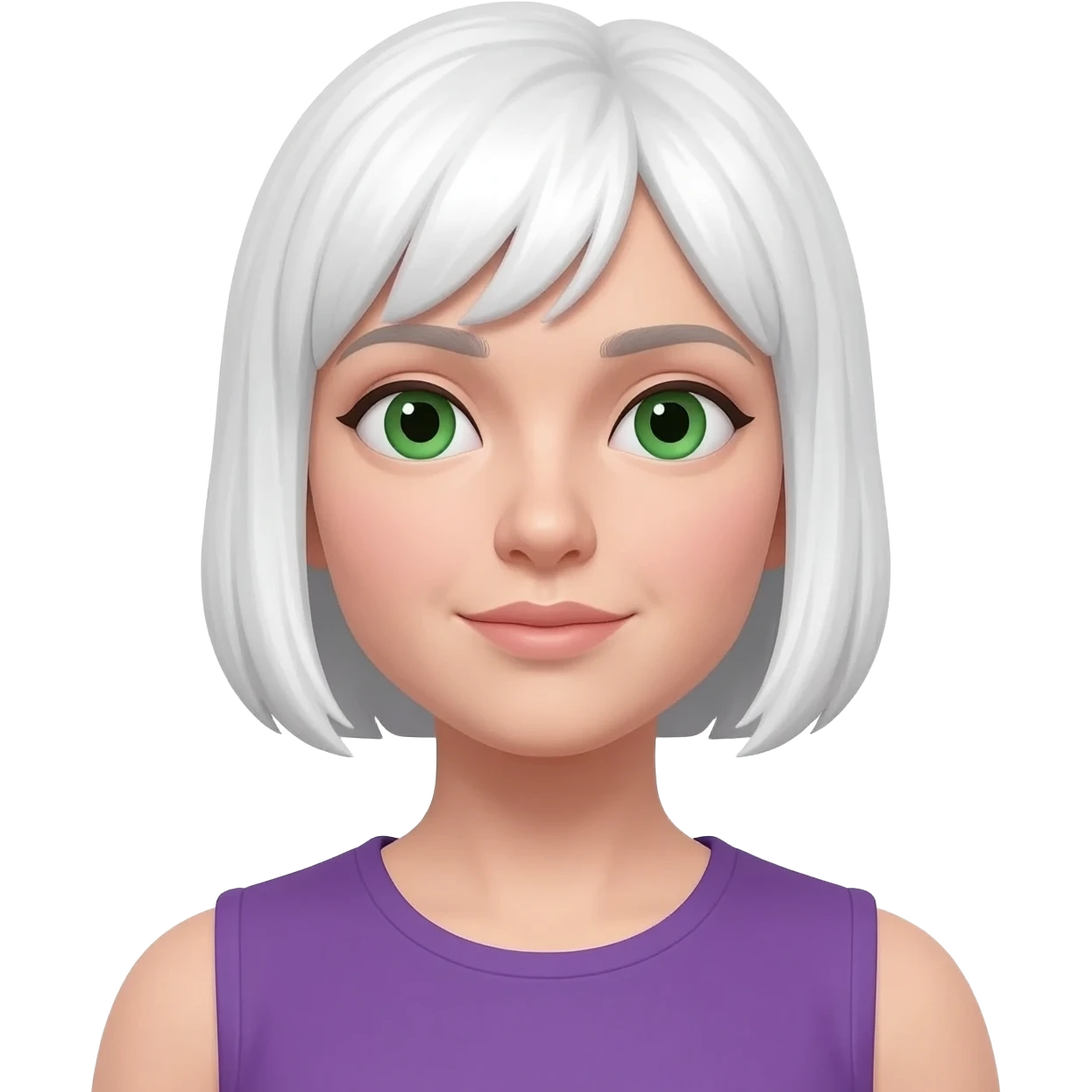 White skin , female,haircut, purple shirt, green eyes emoji