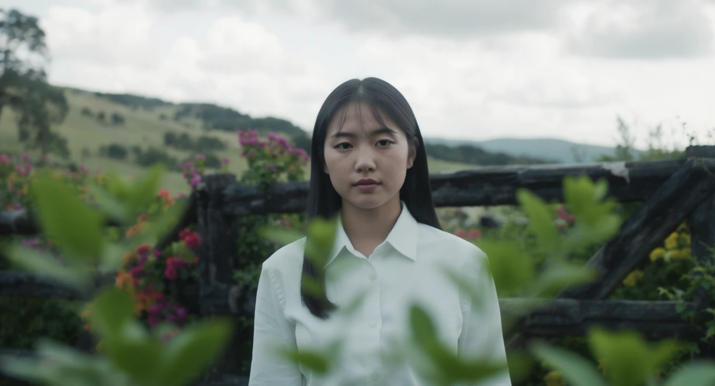 A portrait of a white person in the foreground, blurred plants in the foreground, a wooden fence and colorfull flowers in the midground, rolling hills in the background, cinematic depth of field, layered composition, natural lighting emoji