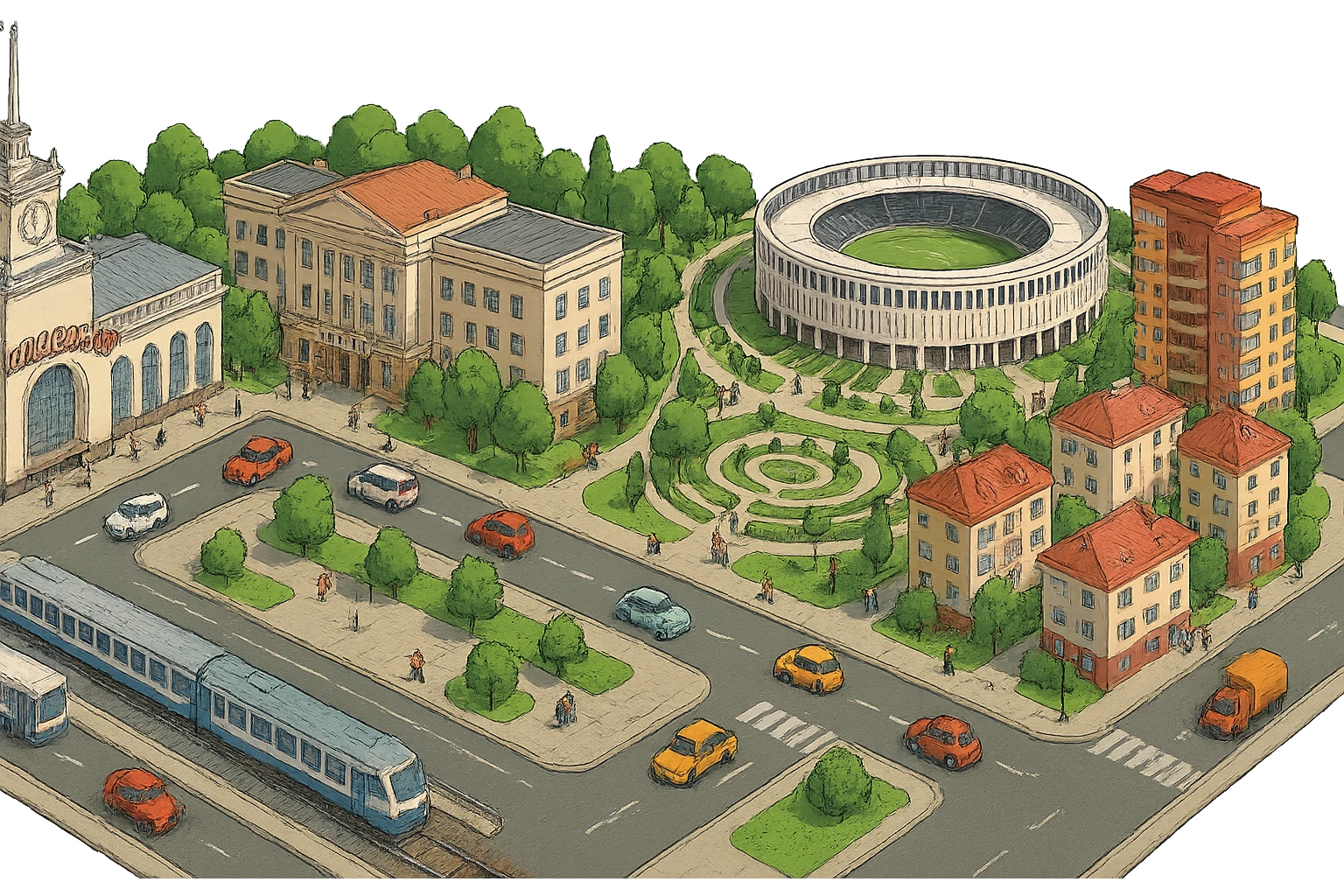 Изометричная миниатюрная фотореалистичная 3D модель панорамы Краснодара - вокзал Краснодар, КубГМУ, парк Краснодар со стадионом, краснодарские дома, автотранспорт четкие линии, яркие цвета, мультяшный реализм, люди, автотранспорт, компактная композиция, вид сверху в изометрии, прозрачный фон emoji