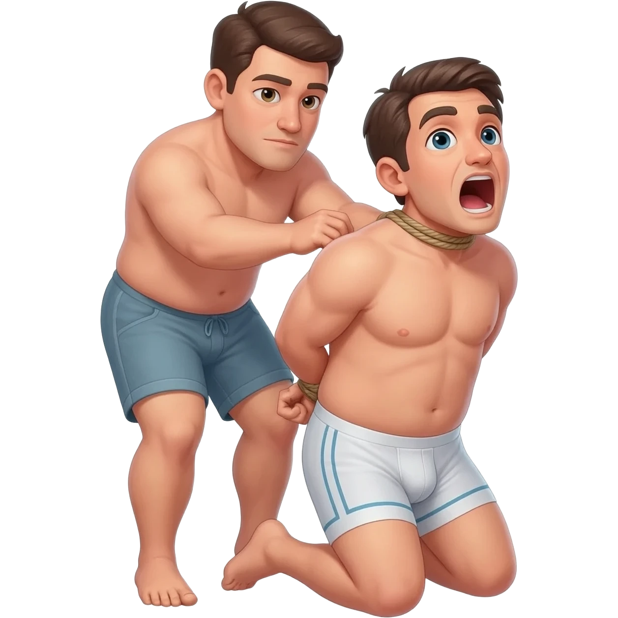 thirty year old guy wearing boxershorts standing on his knees with mouth wide open and a collar around his neck and hands tied behind his back and a man stands behind him on his feet emoji