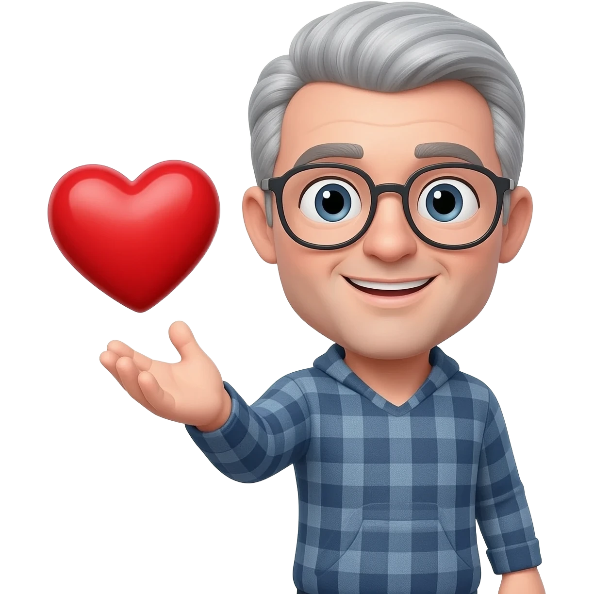 uomo con capelli grigi e occhiali che lancia cuori emoji