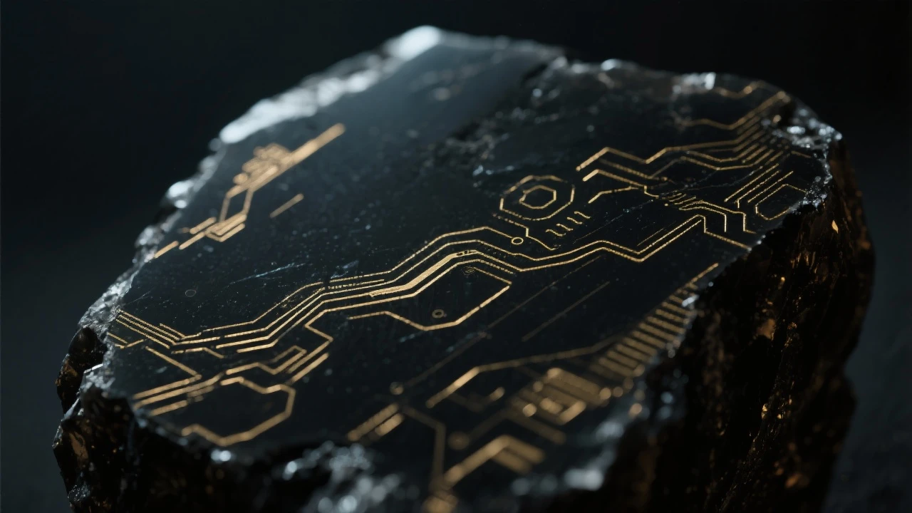 Extreme closeup of black obsidian surface with subtle gold technology etchings in moody, dark lighting. emoji
