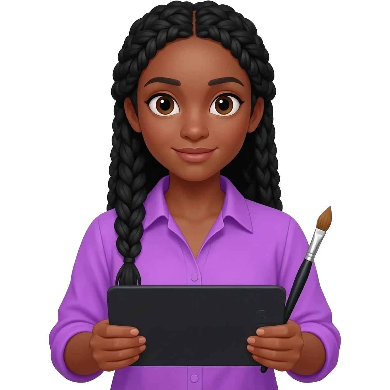 Emoji représentant une femme à la peau marron avec de longues braids noires et portant une belle chemise violette, tenant une tablette graphique dans une main et un pinceau dans l’autre emoji