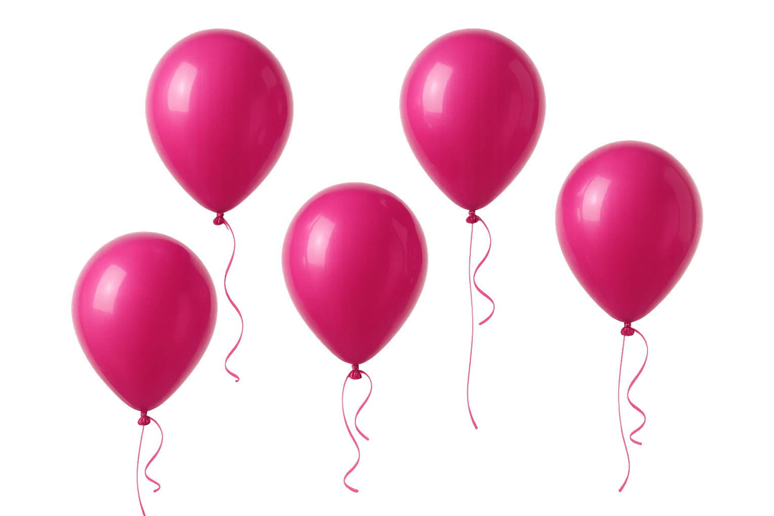 5 palloncini magenta fluttuano in aria isolati su sfondo bianco, iperrealistico 4k emoji
